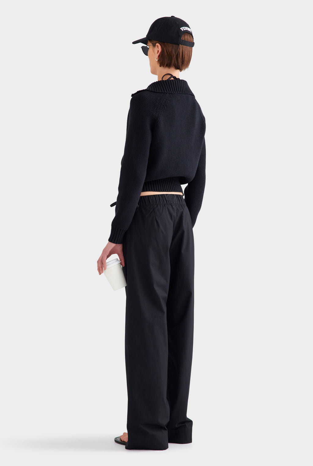 Cotton Funnel Neck Zip Up Sweater - Black