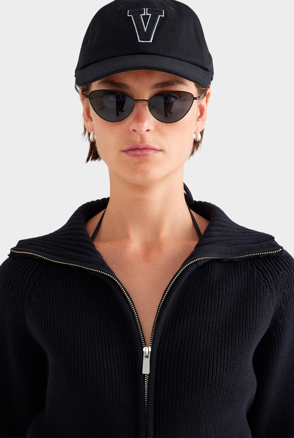 Cotton Funnel Neck Zip Up Sweater - Black