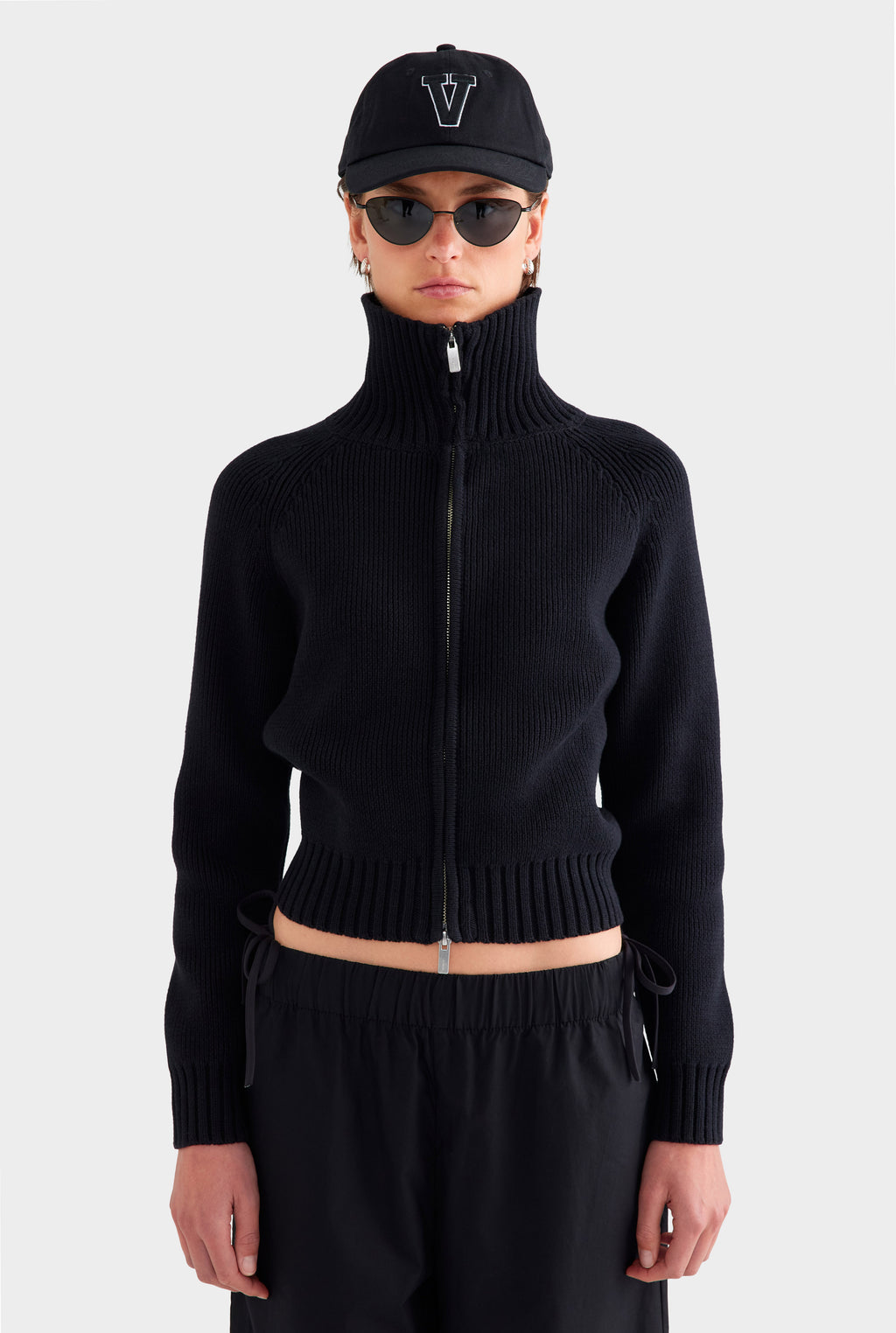 Cotton Funnel Neck Zip Up Sweater - Black