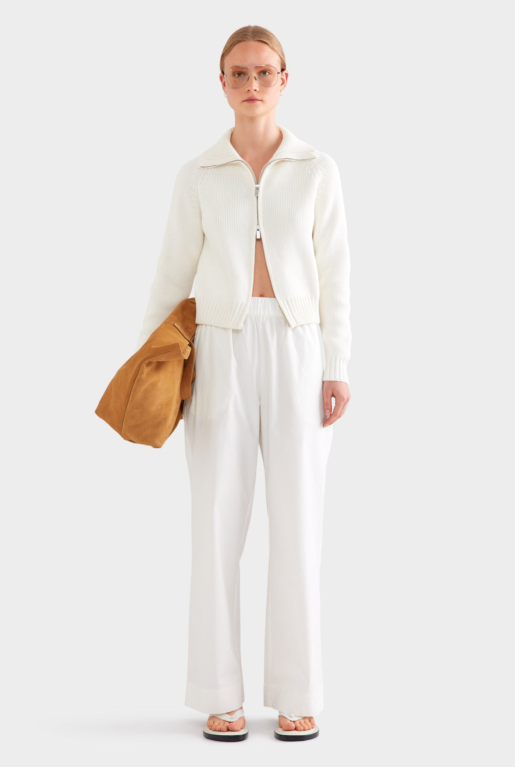 Cotton Funnel Neck Zip Up Sweater - White