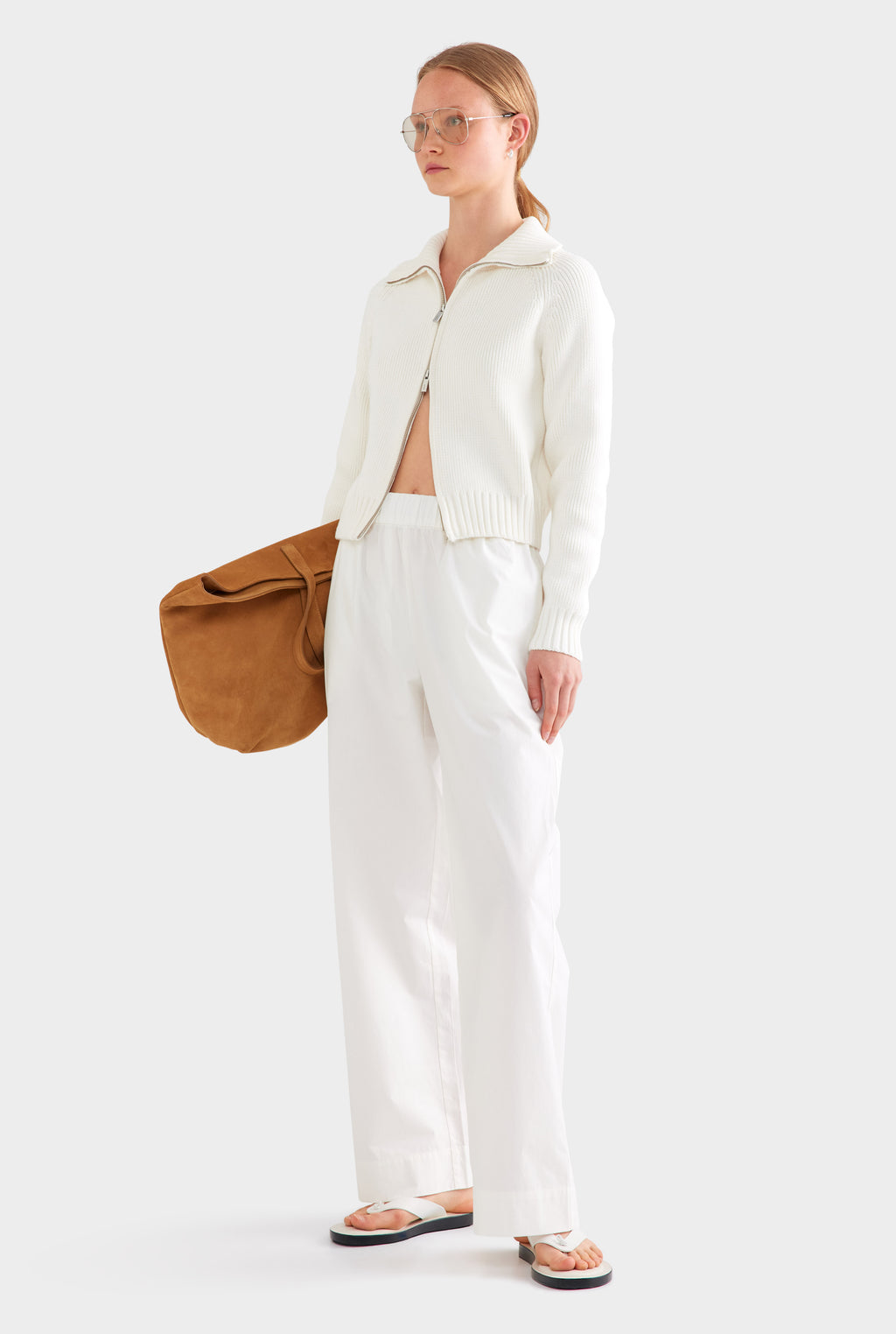 Cotton Funnel Neck Zip Up Sweater - White