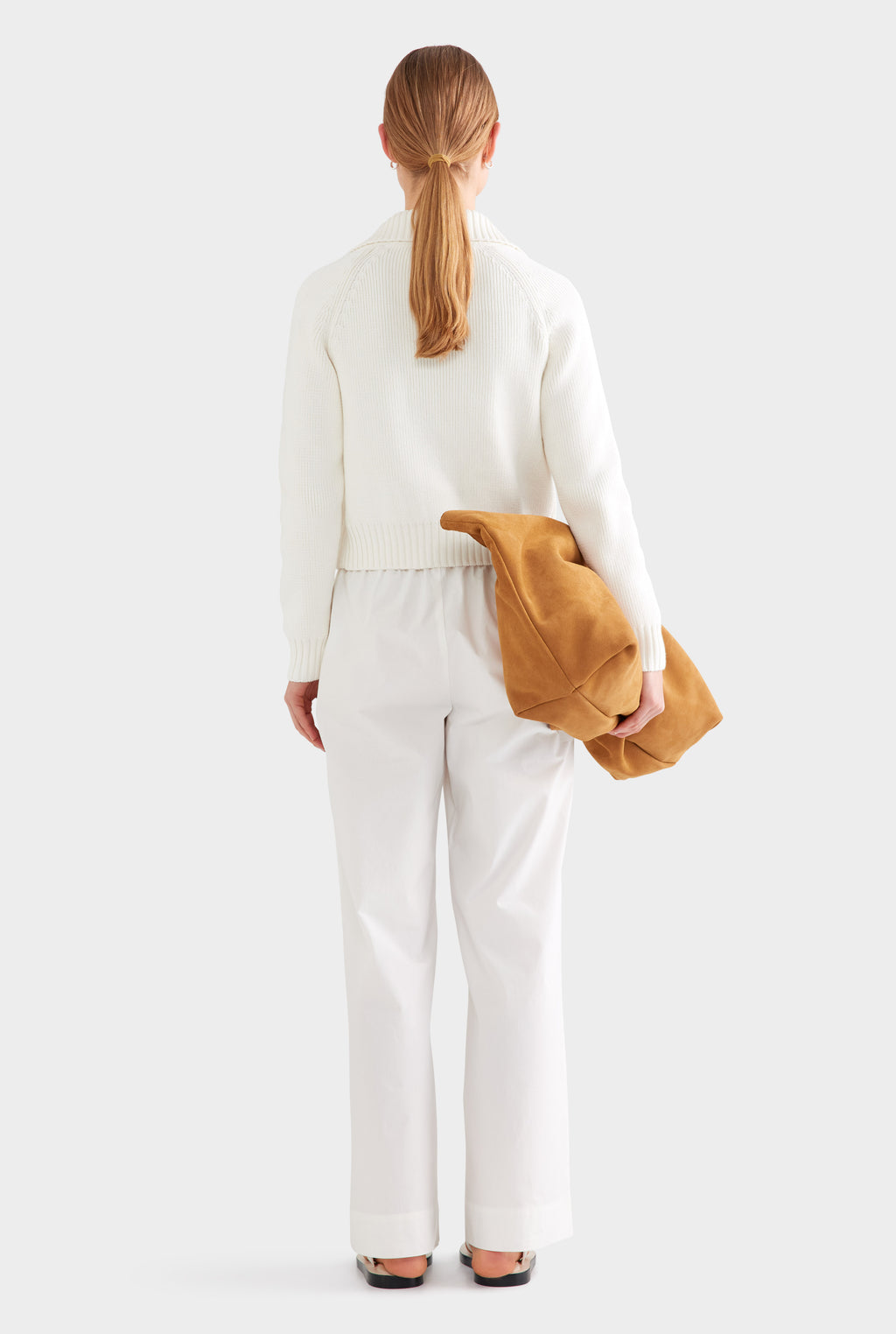 Cotton Funnel Neck Zip Up Sweater - White