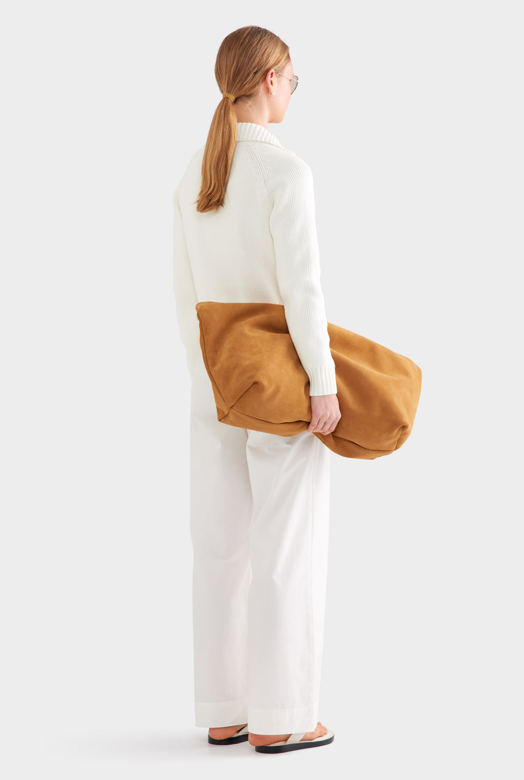 Cotton Funnel Neck Zip Up Sweater - White