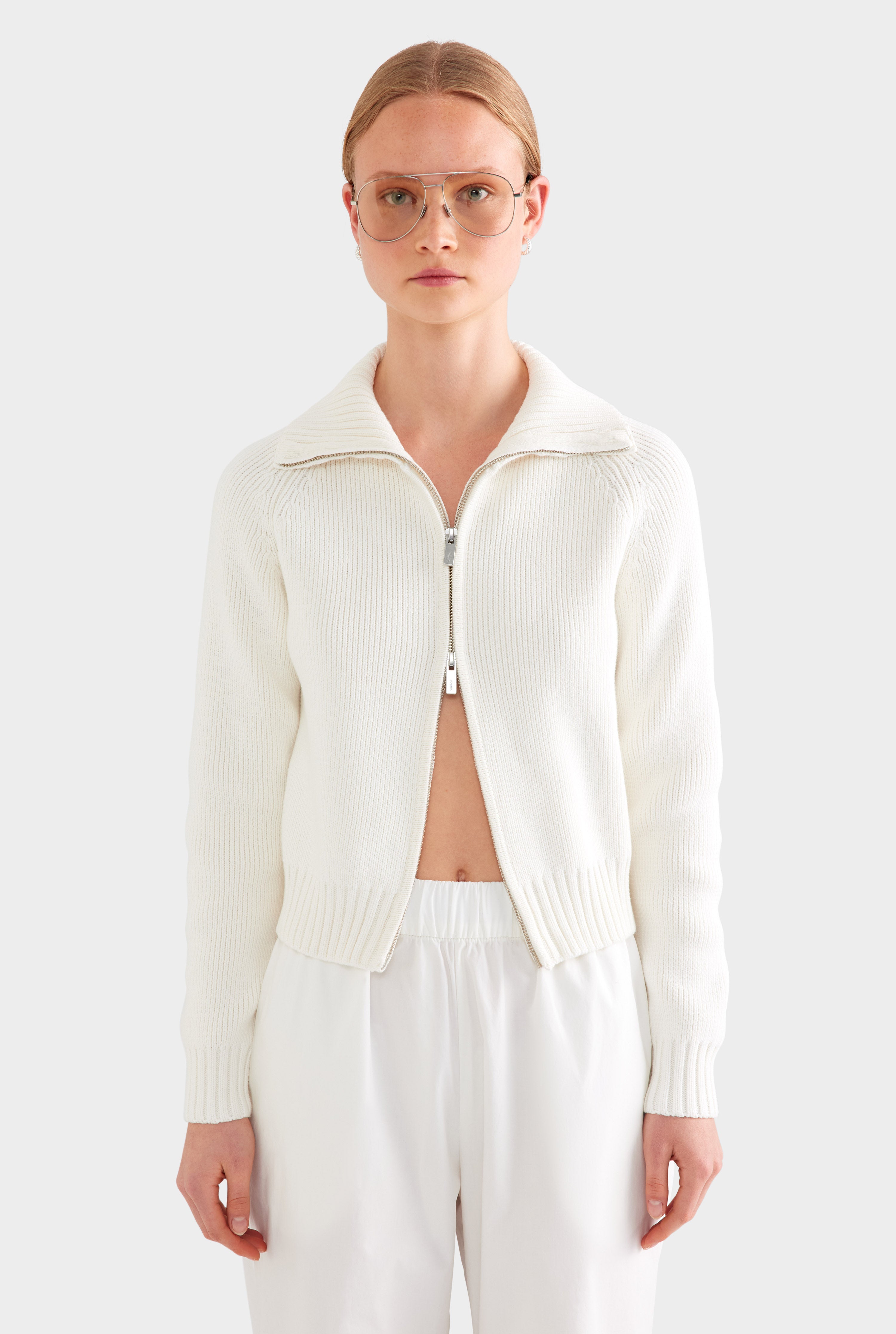 Cotton Funnel Neck Zip Up Sweater - White