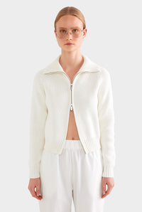 Cotton Funnel Neck Zip Up Sweater - White
