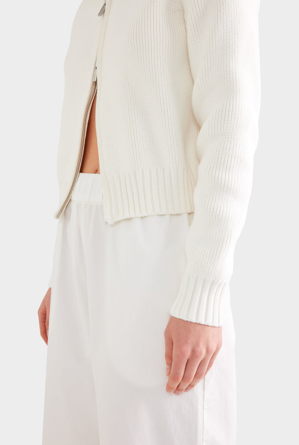 Cotton Funnel Neck Zip Up Sweater - White