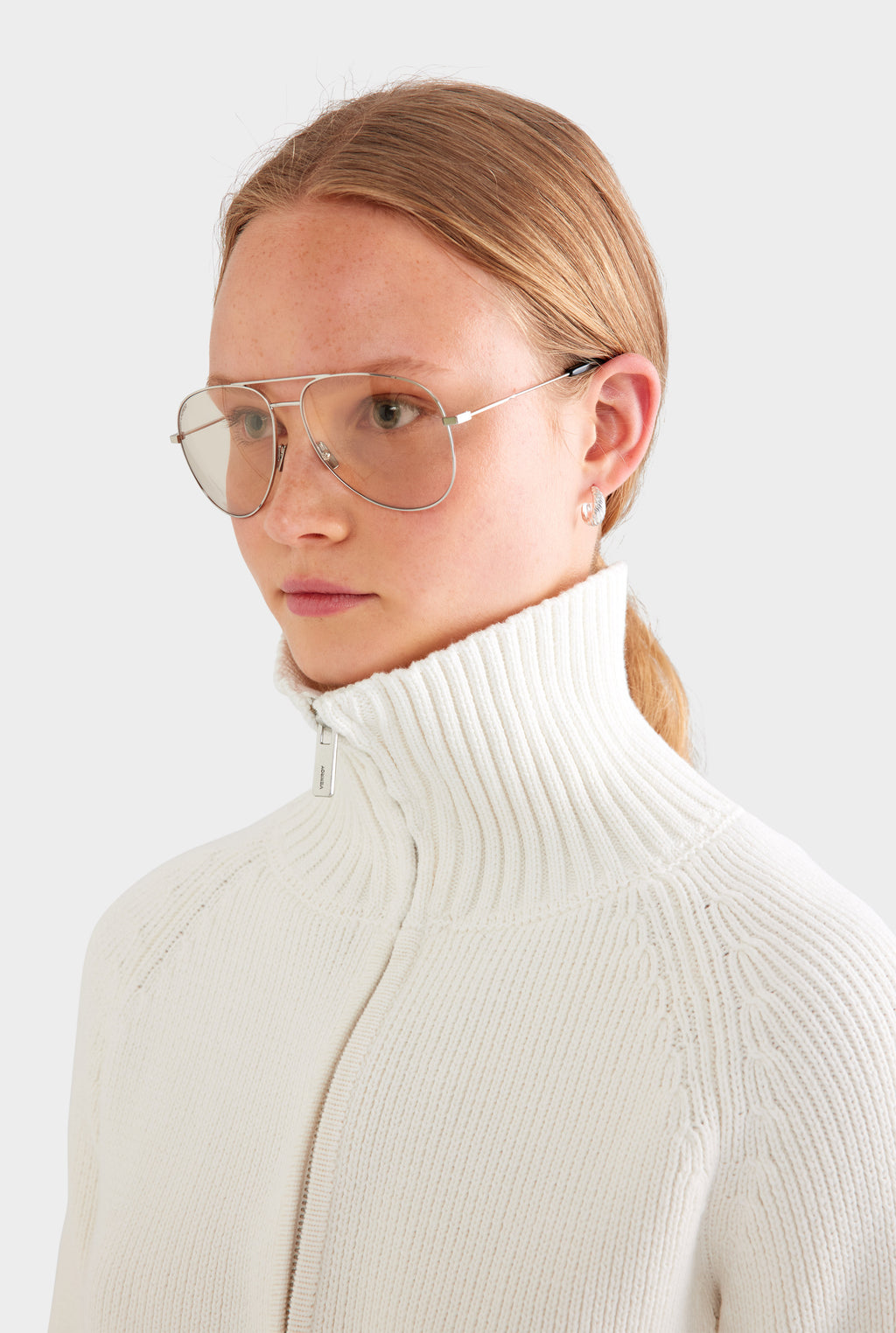 Cotton Funnel Neck Zip Up Sweater - White