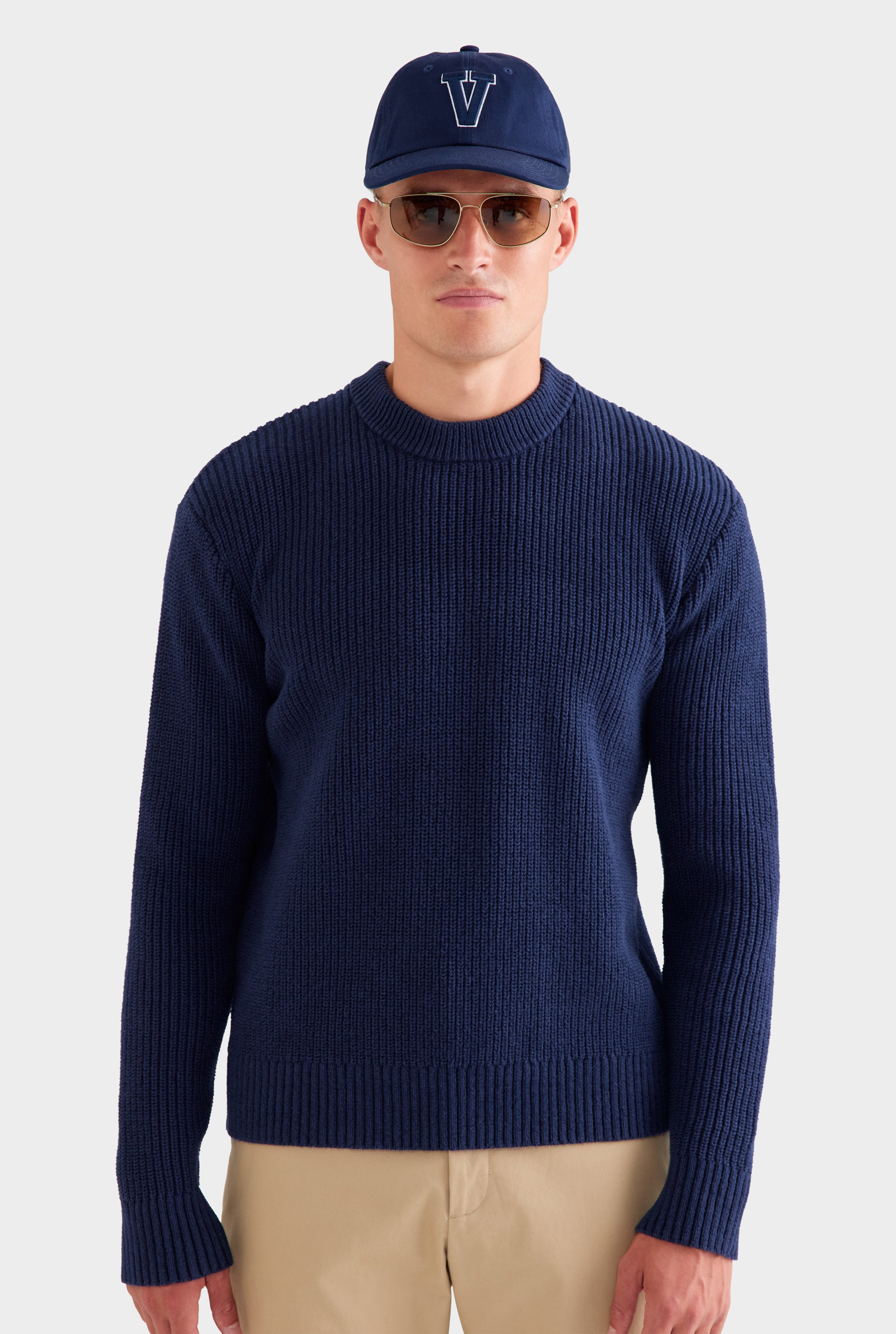 Relaxed Cotton Knit Sweater - Navy