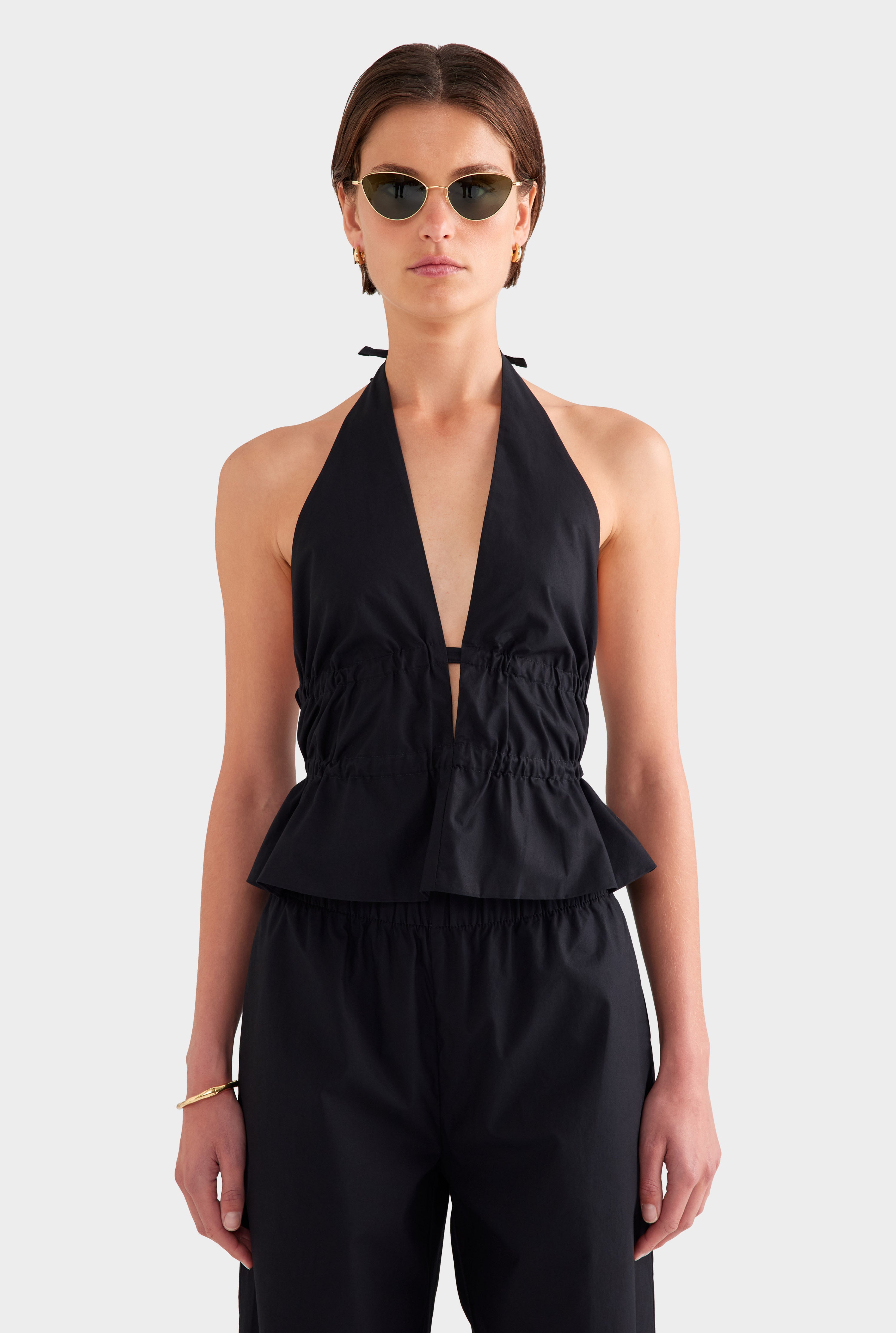 Cotton Poplin Halter Top - Black