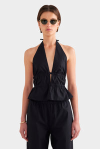 Cotton Poplin Halter Top - Black