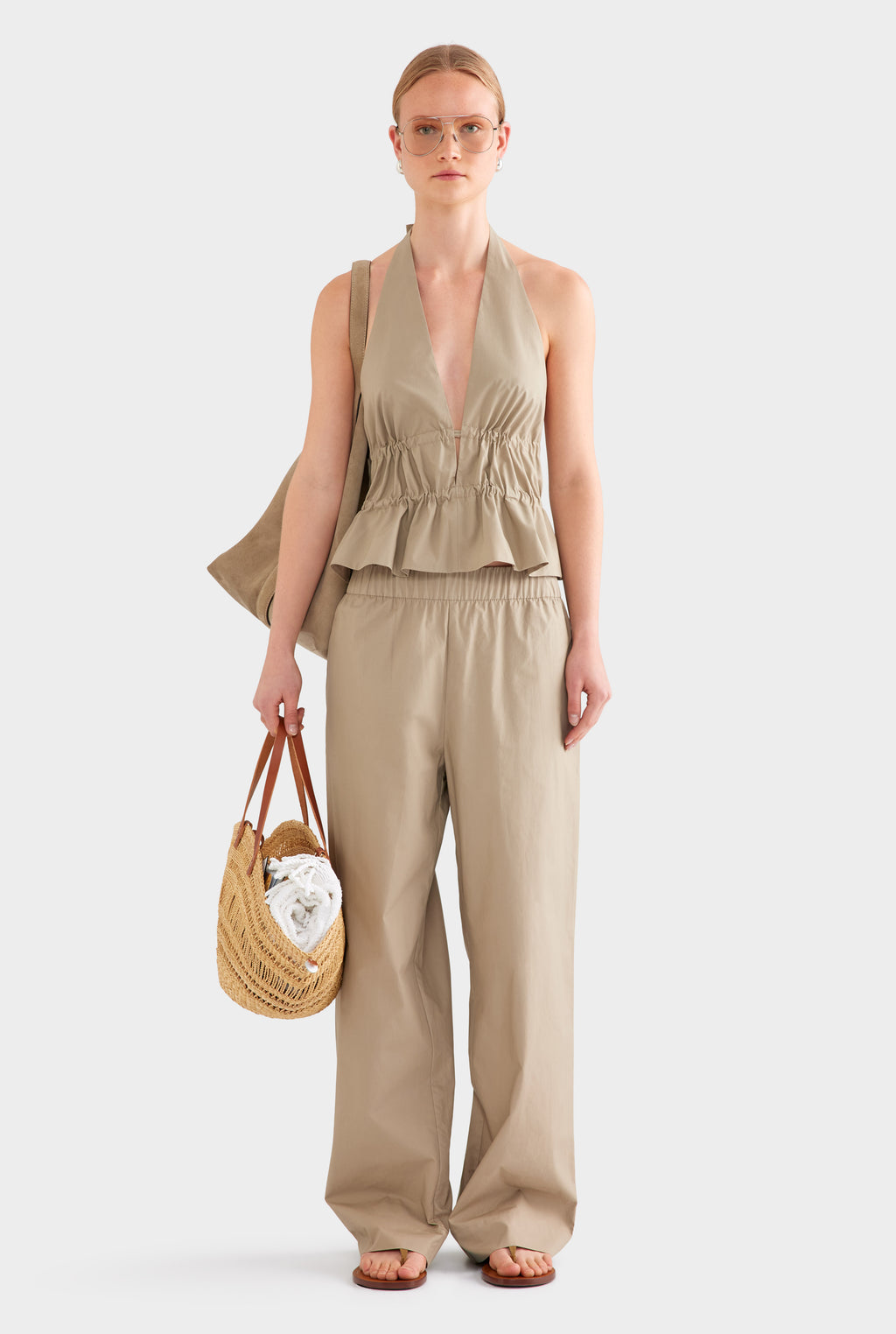 Cotton Poplin Halter Top - Pebble