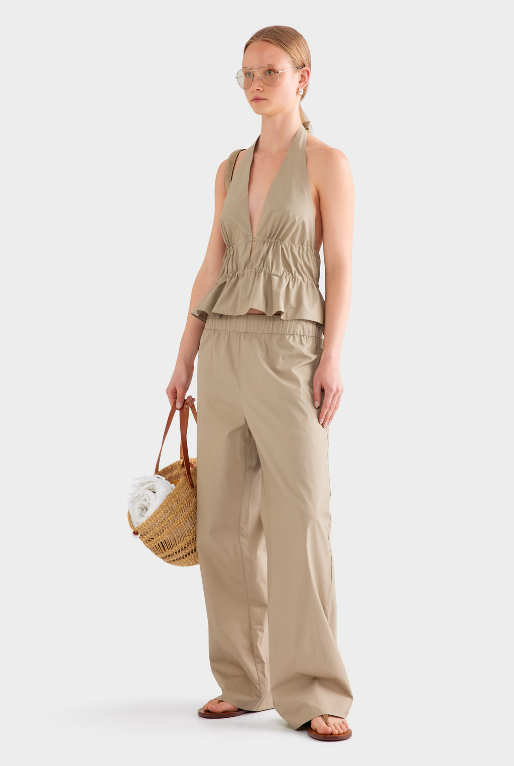 Cotton Poplin Halter Top - Pebble