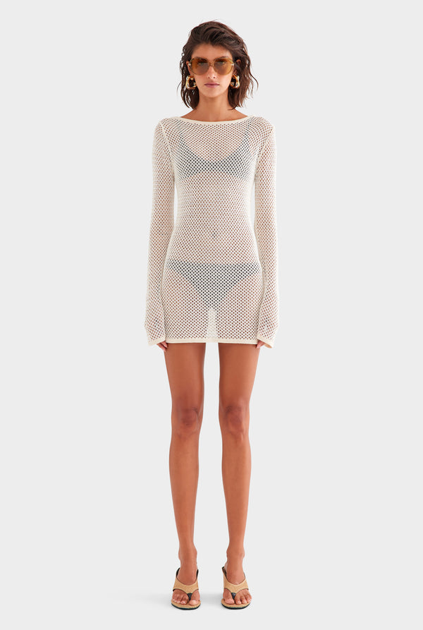 Crochet Cotton Nylon Mini Dress - Off White/Natural