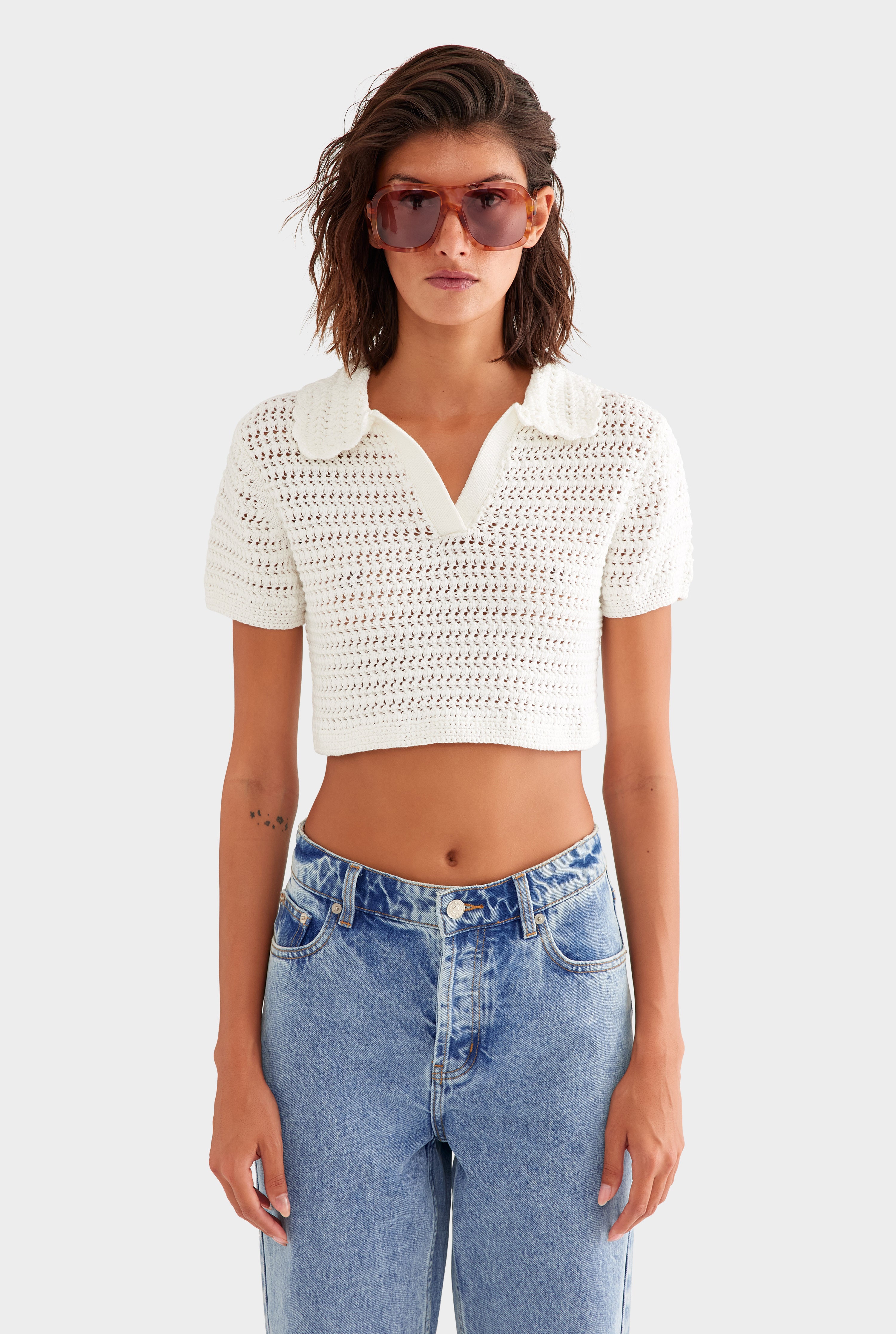 Crochet Cropped Polo - Off White