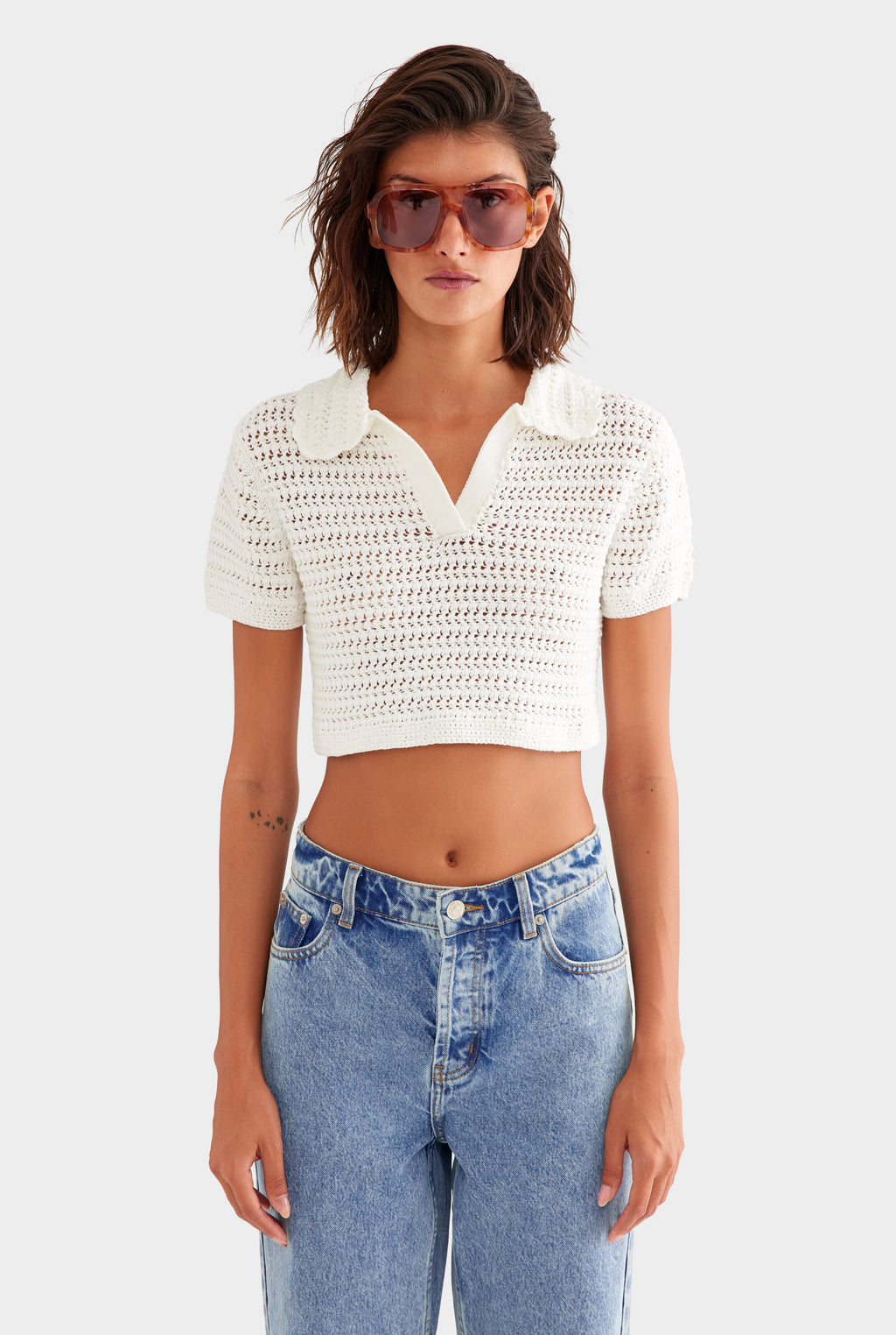 Crochet Cropped Polo - Off White