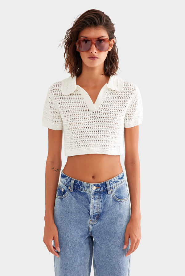 Crochet Cropped Polo - Off White