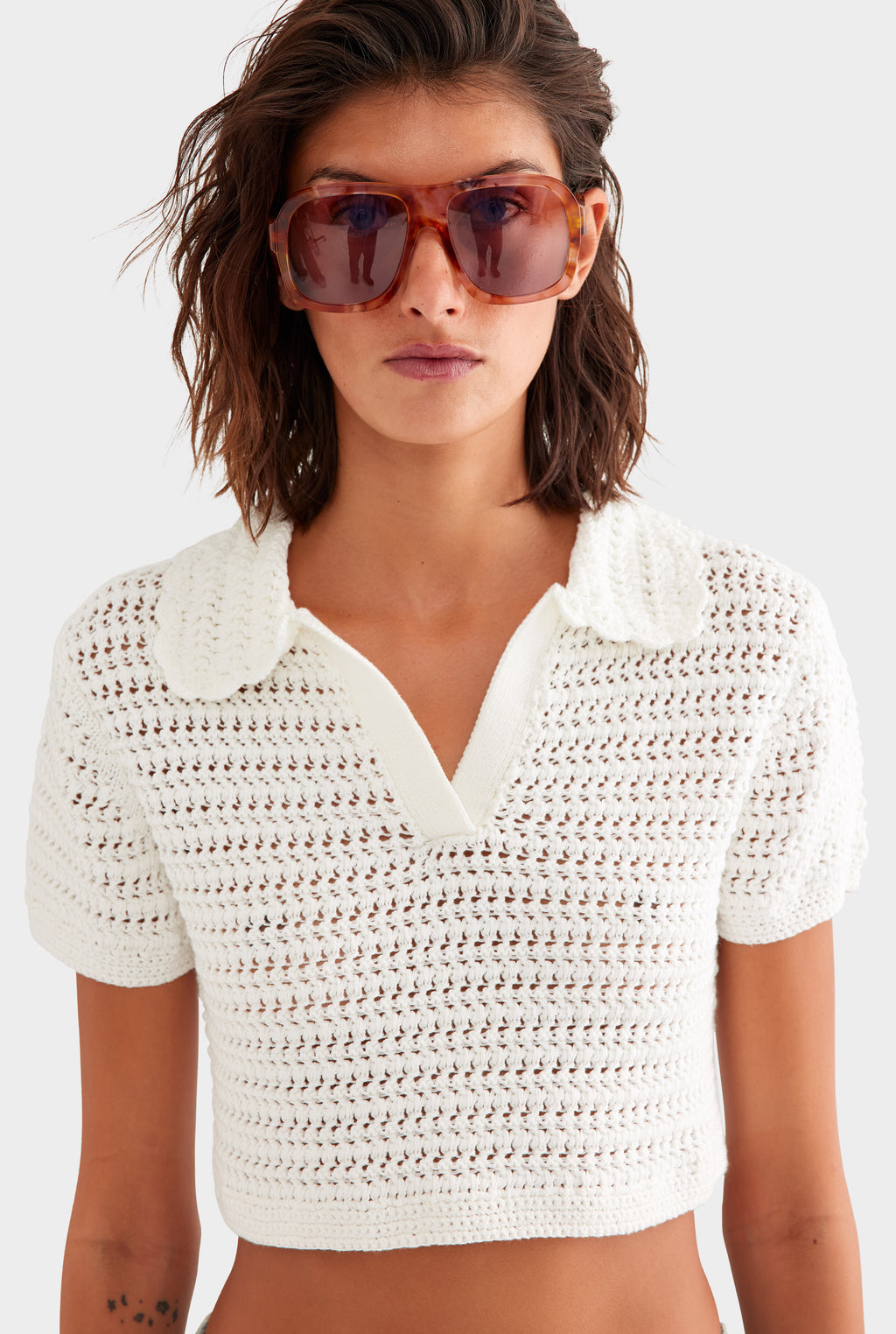 Crochet Cropped Polo - Off White