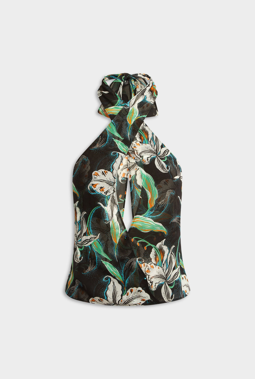 Cross Front Silk Scarf Top - Black/White Lily