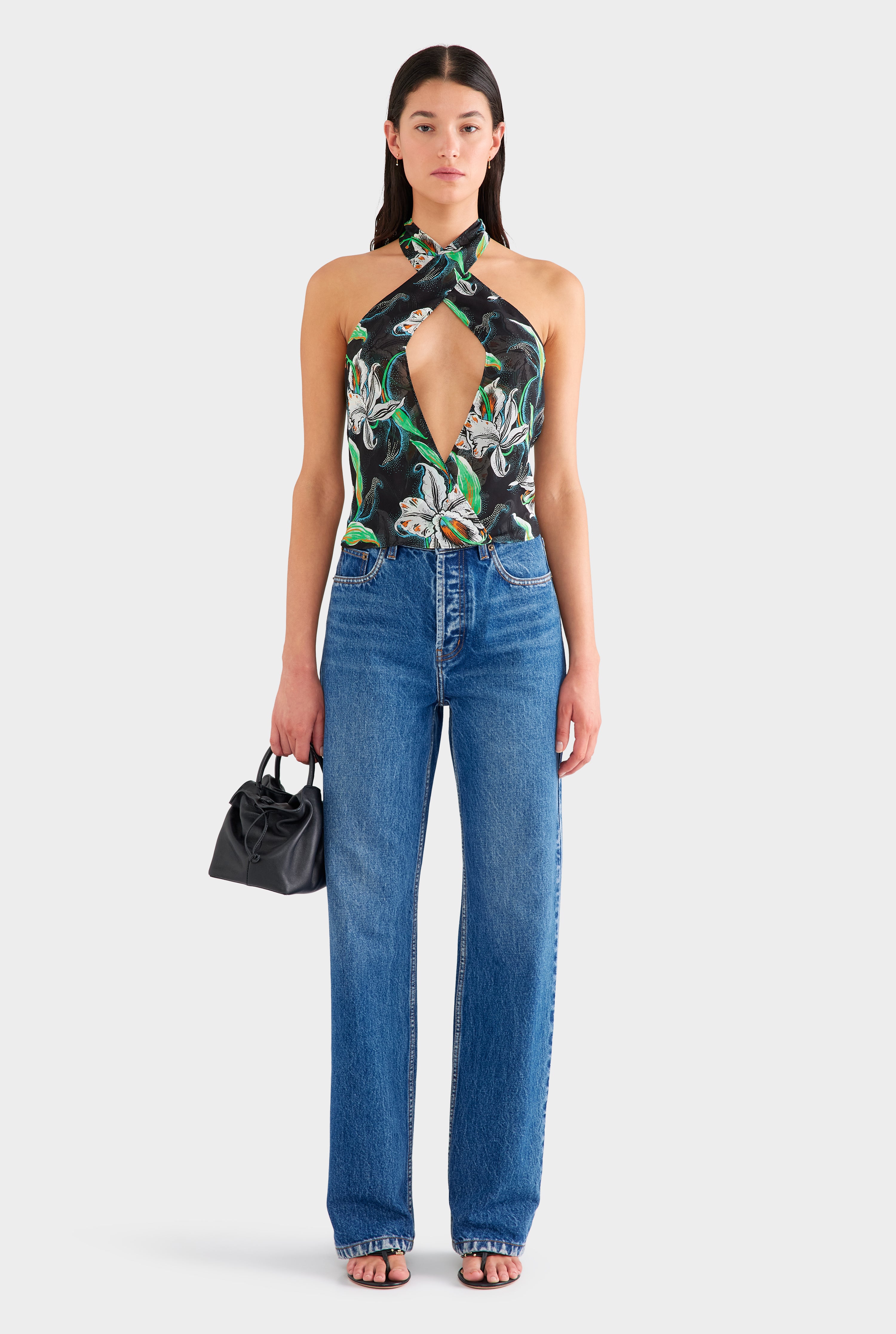 Womens Cross Front Silk Scarf Top in Black/White Lily | Venroy