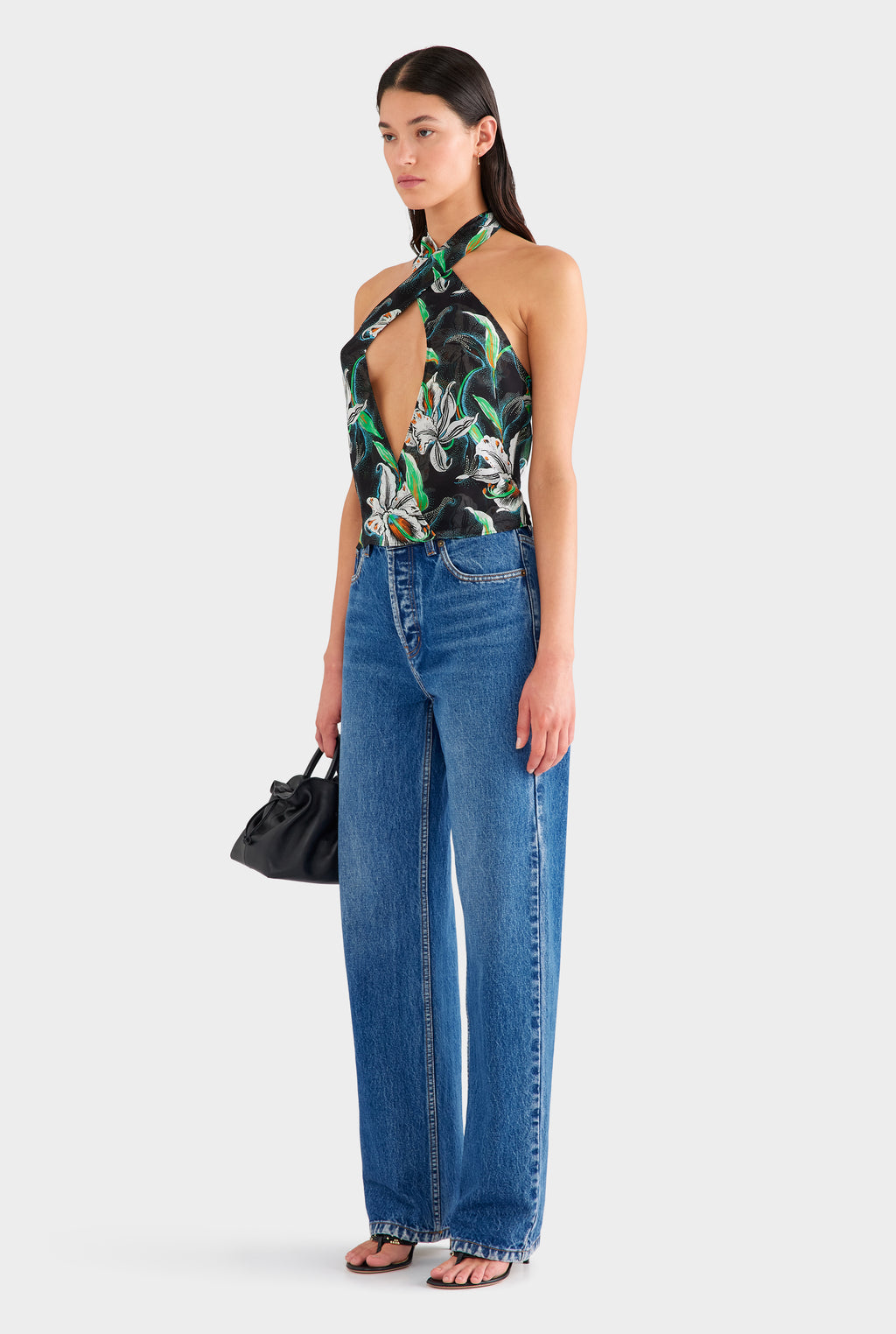 Cross Front Silk Scarf Top - Black/White Lily