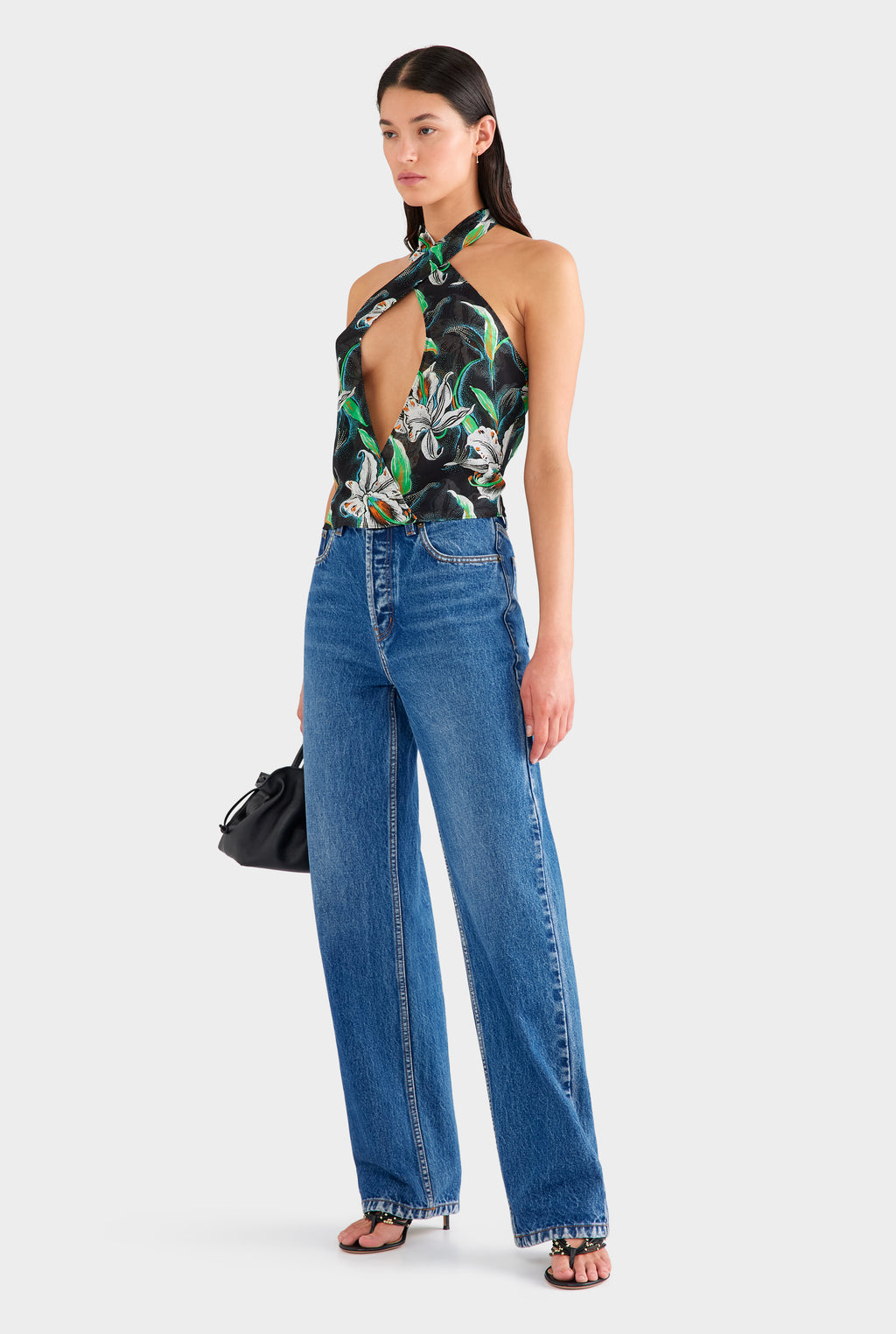 Cross Front Silk Scarf Top - Black/White Lily