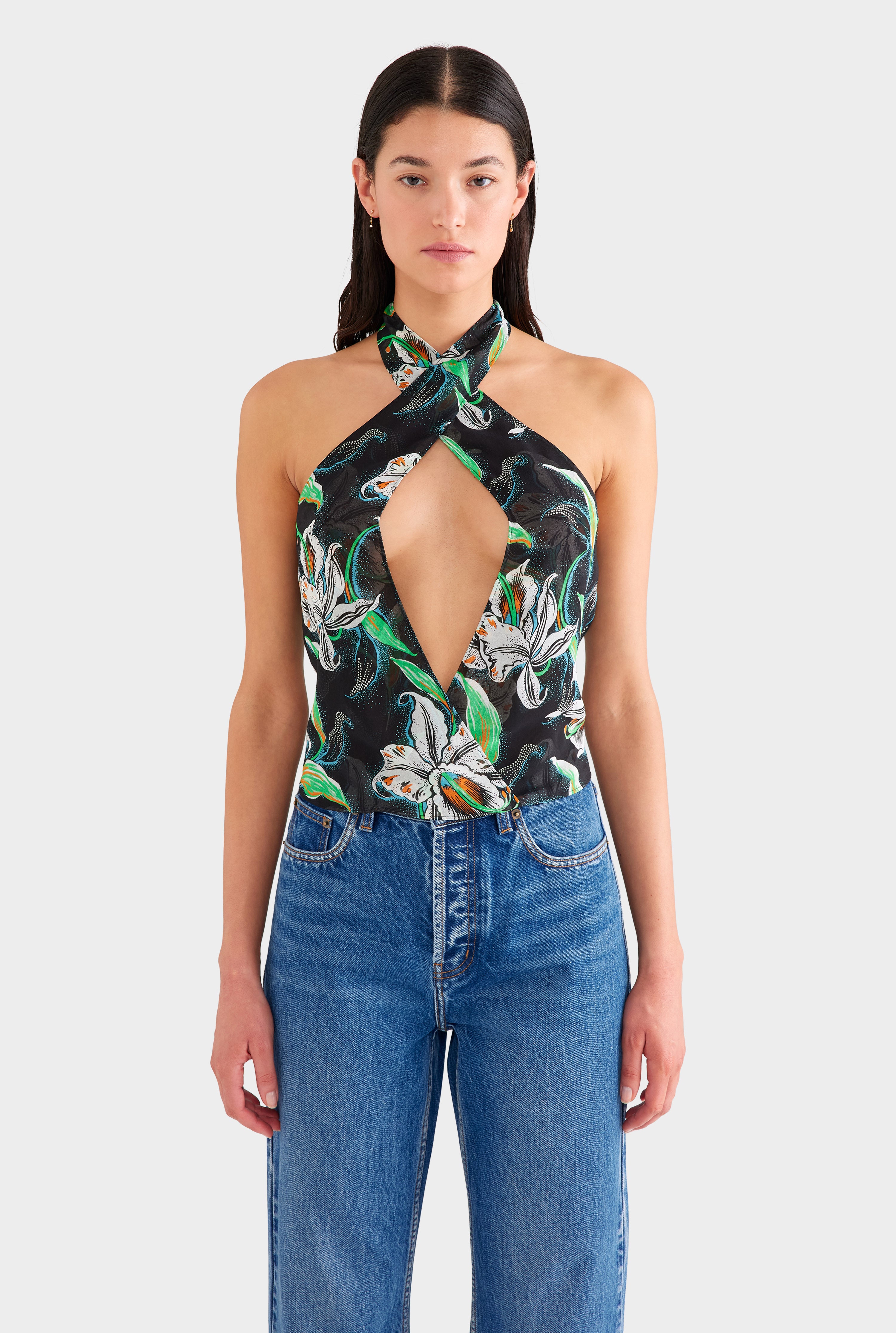 Cross Front Silk Scarf Top - Black/White Lily