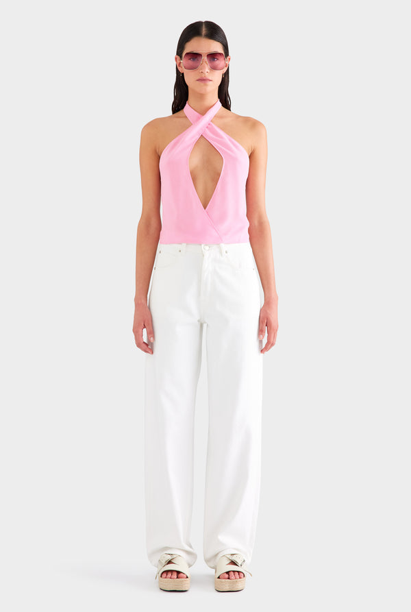 Cross Front Silk Scarf Top - Pink