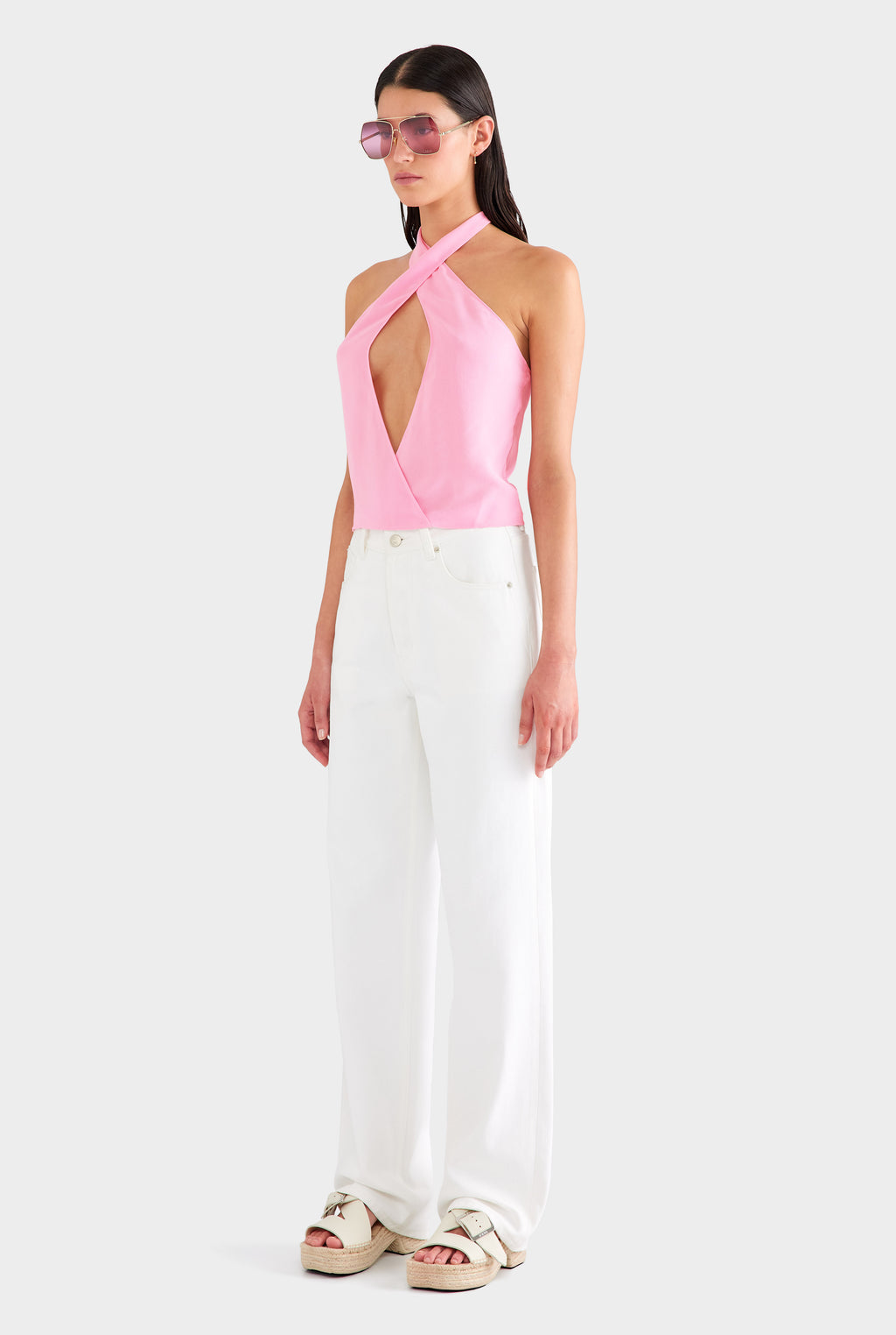 Cross Front Silk Scarf Top - Pink