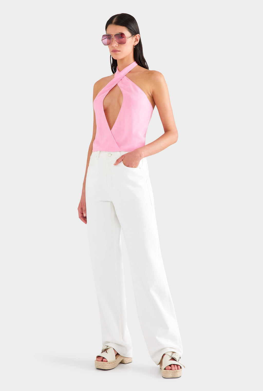 Cross Front Silk Scarf Top - Pink