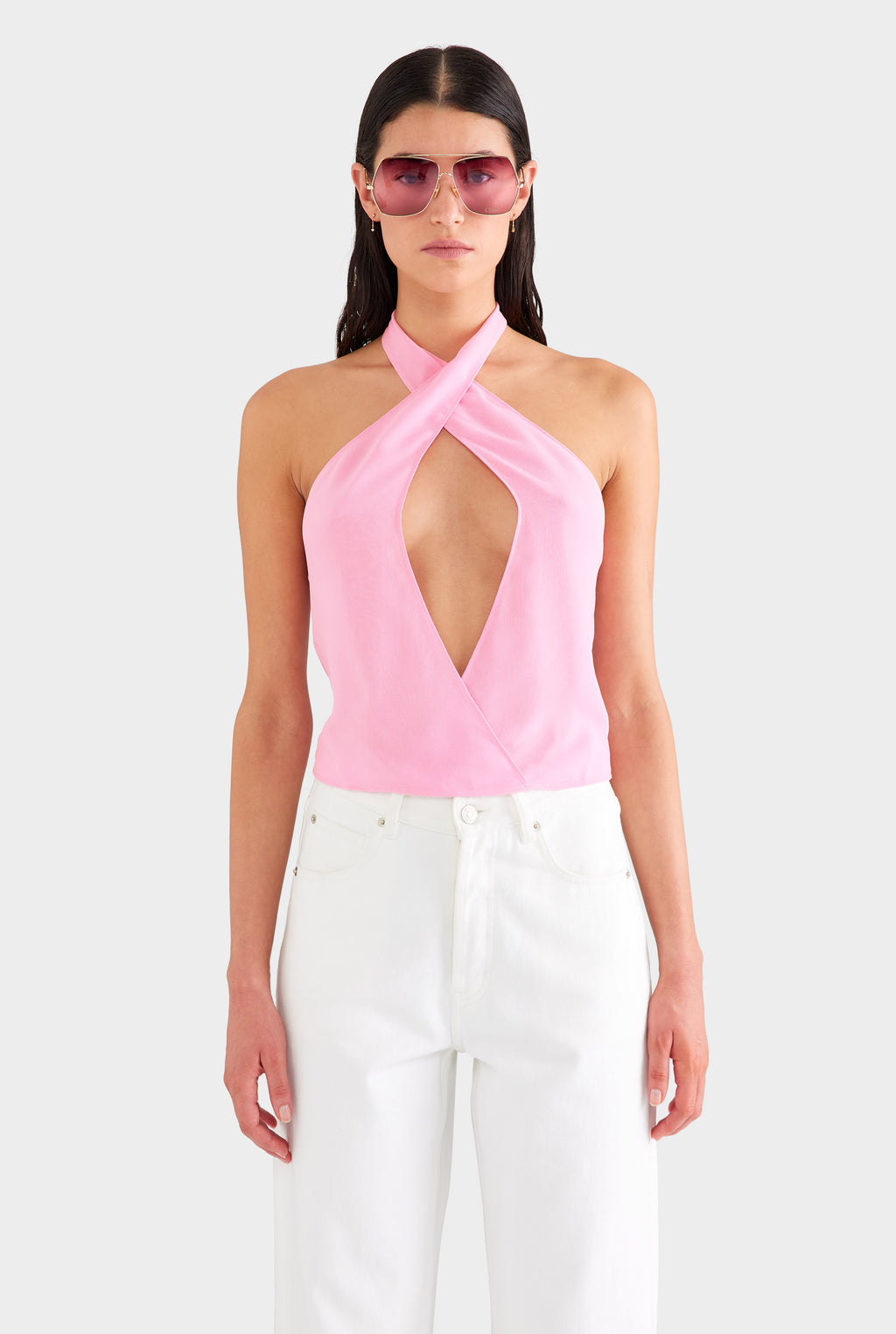 Cross Front Silk Scarf Top - Pink