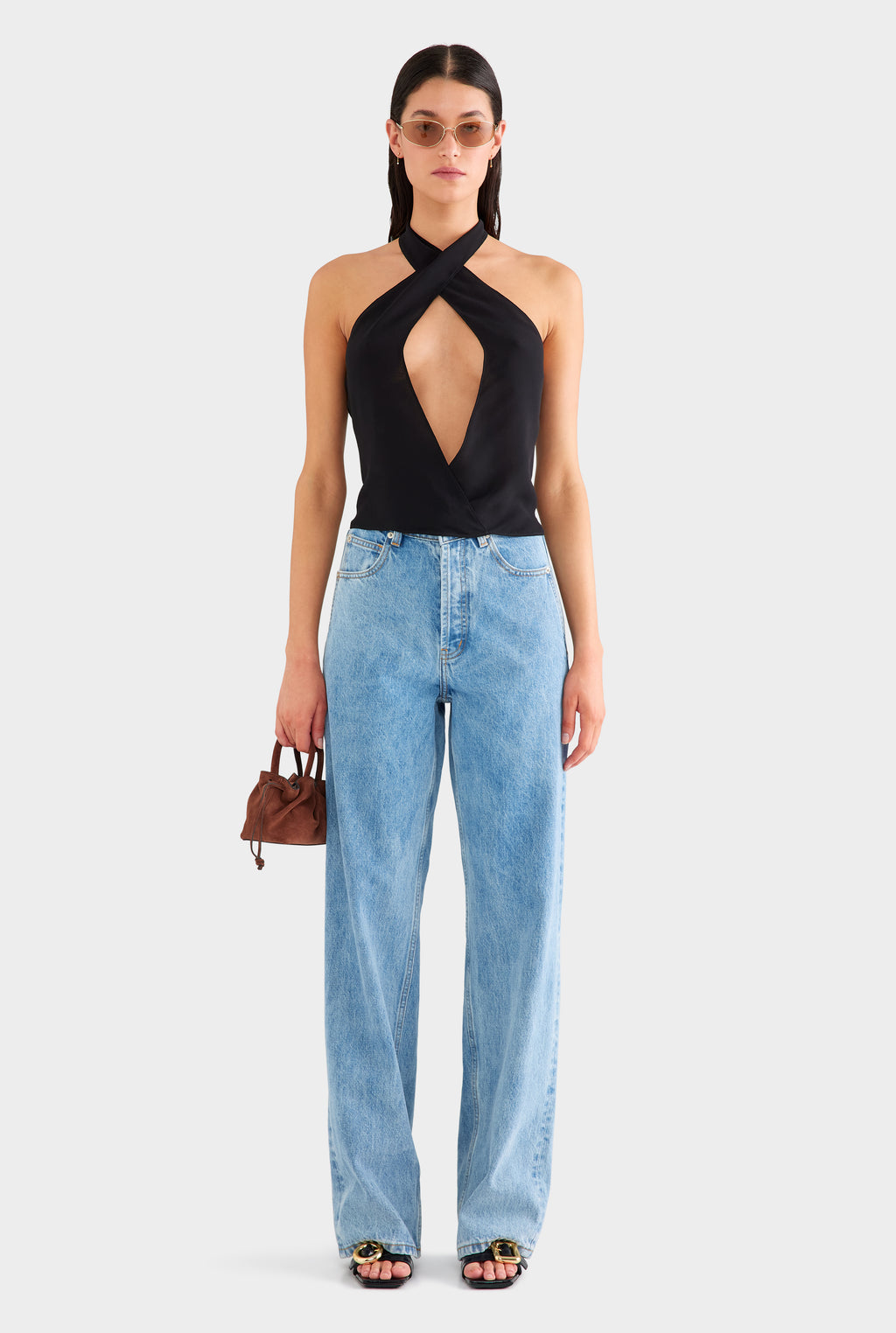 Cross Front Silk Scarf Top - Black