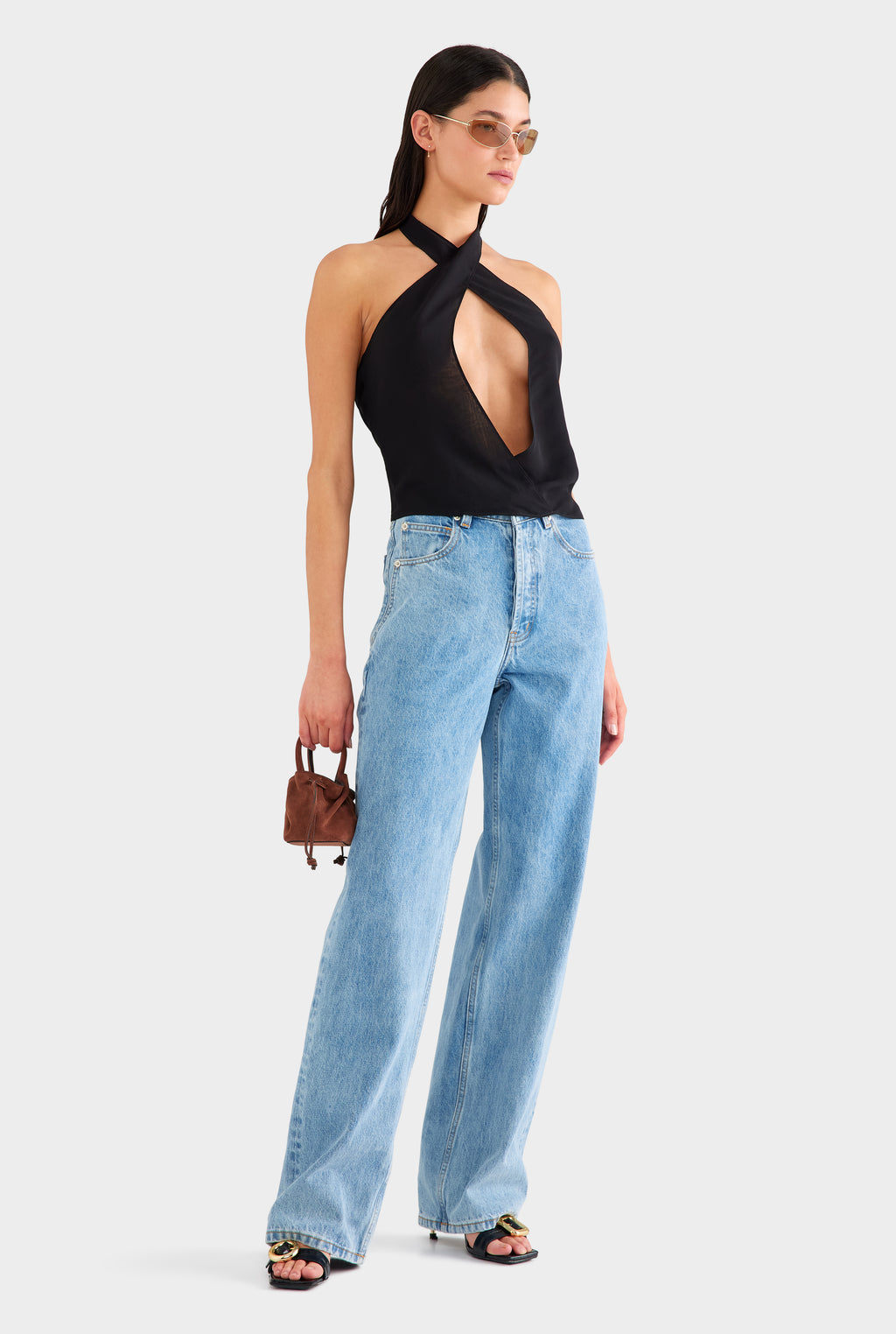 Cross Front Silk Scarf Top - Black