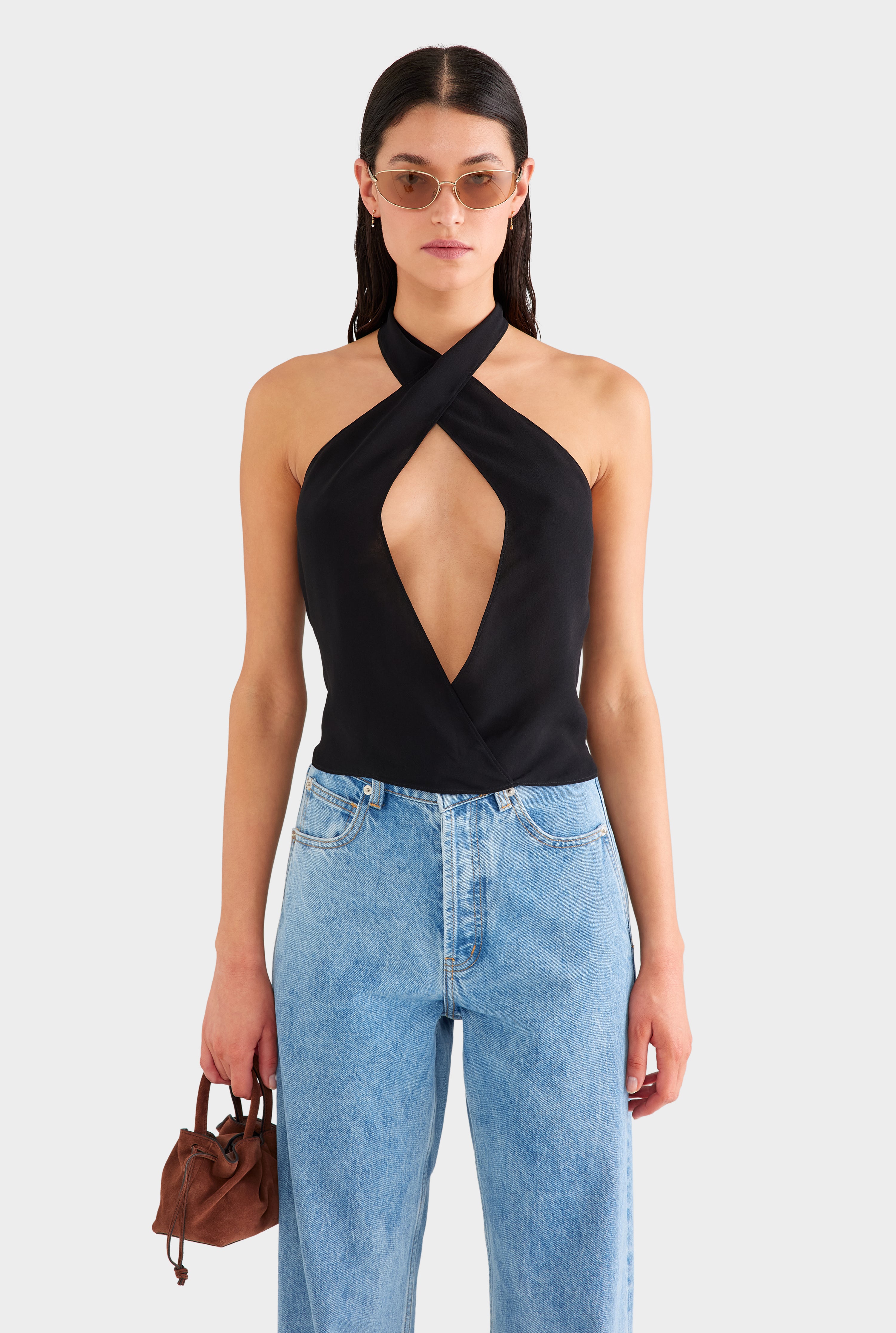 Cross Front Silk Scarf Top - Black