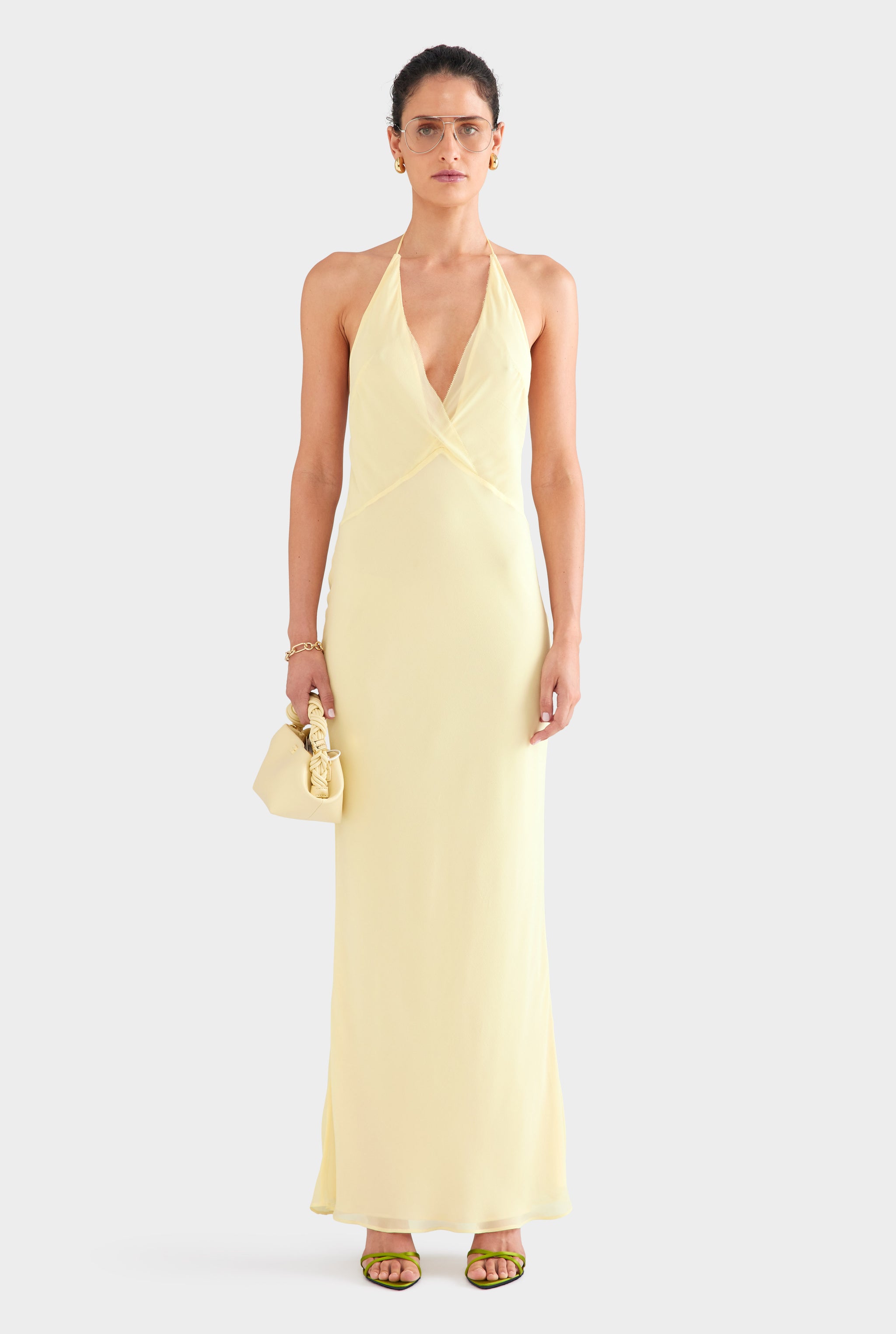 Low Back Layered Silk Halter Dress - Pastel Yellow