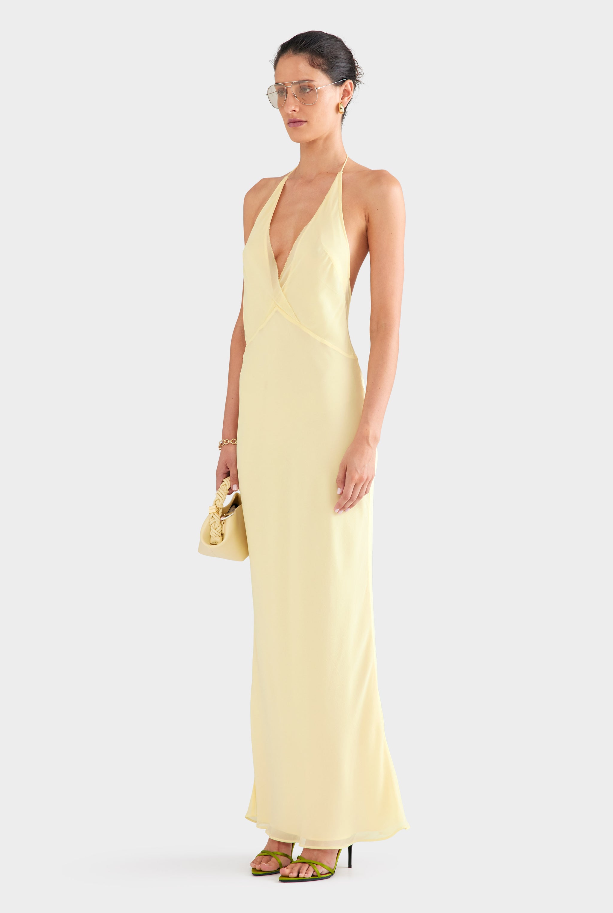 Low Back Layered Silk Halter Dress - Pastel Yellow