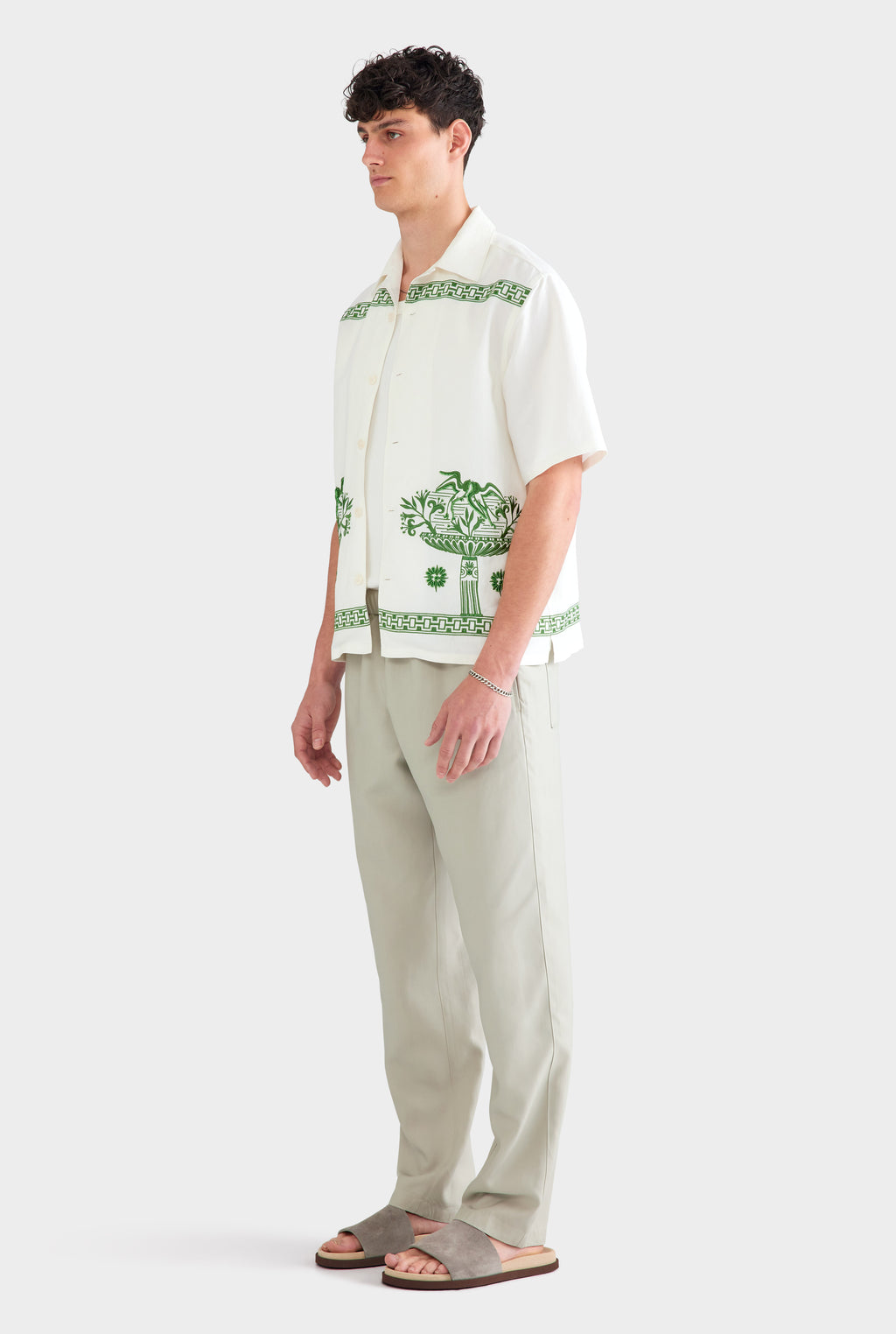 Beaded Silk Linen Camp Collar Shirt - Off White/Ivy Green