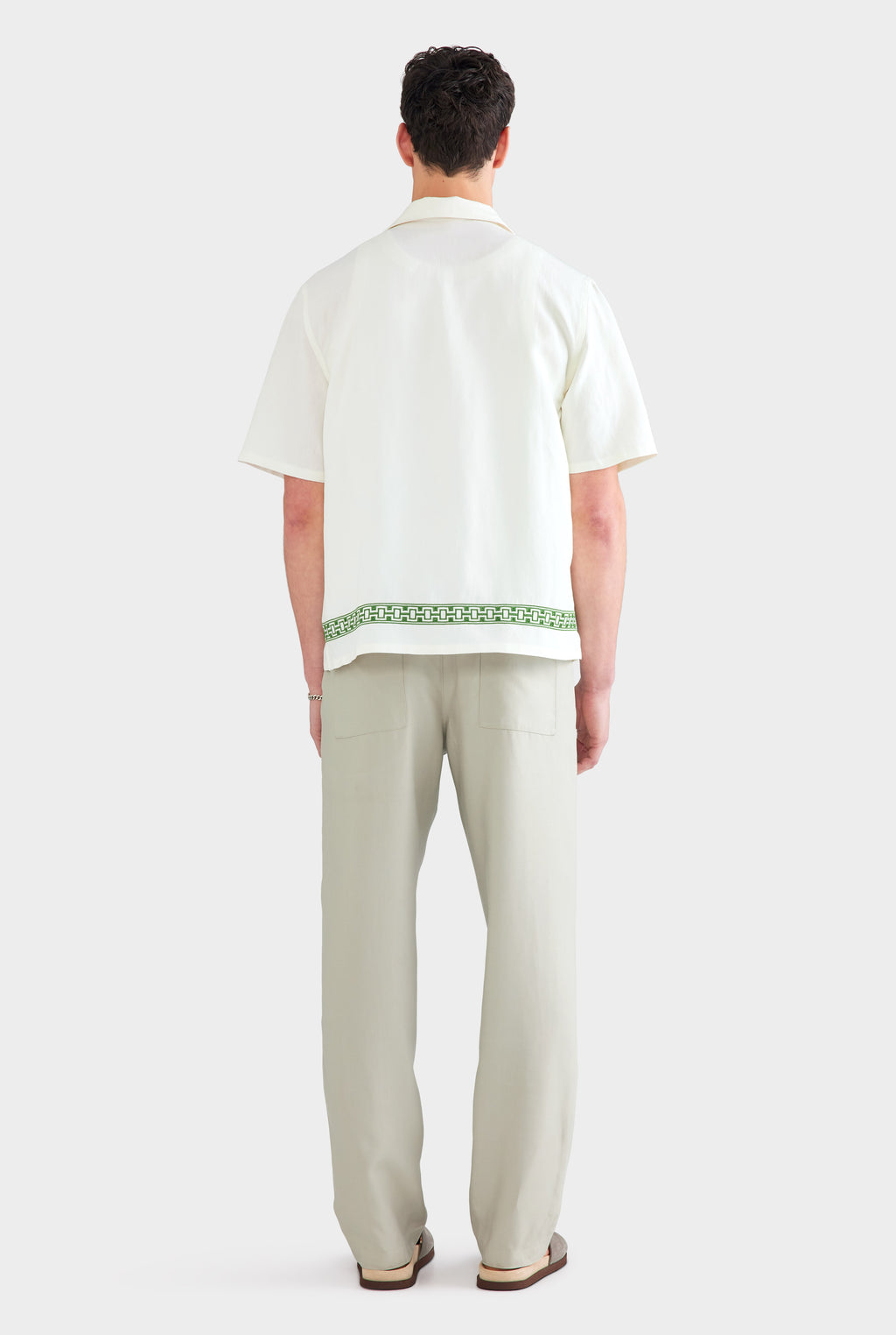 Beaded Silk Linen Camp Collar Shirt - Off White/Ivy Green