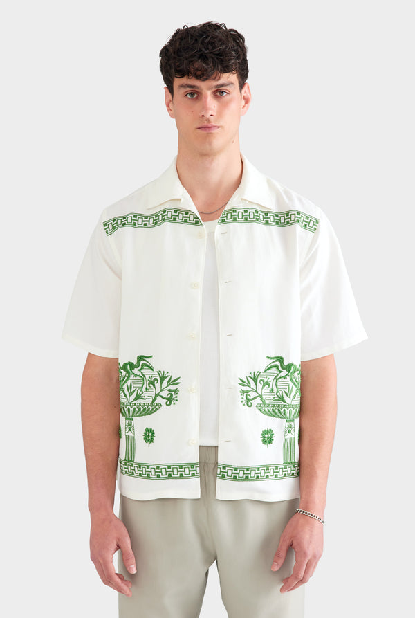 Beaded Silk Linen Camp Collar Shirt - Off White/Ivy Green