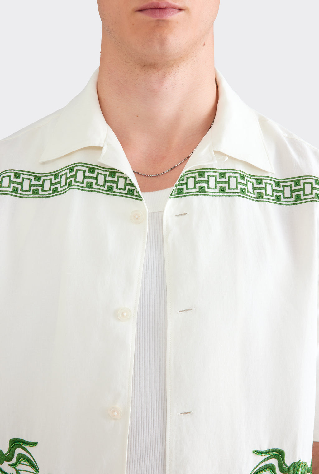 Beaded Silk Linen Camp Collar Shirt - Off White/Ivy Green