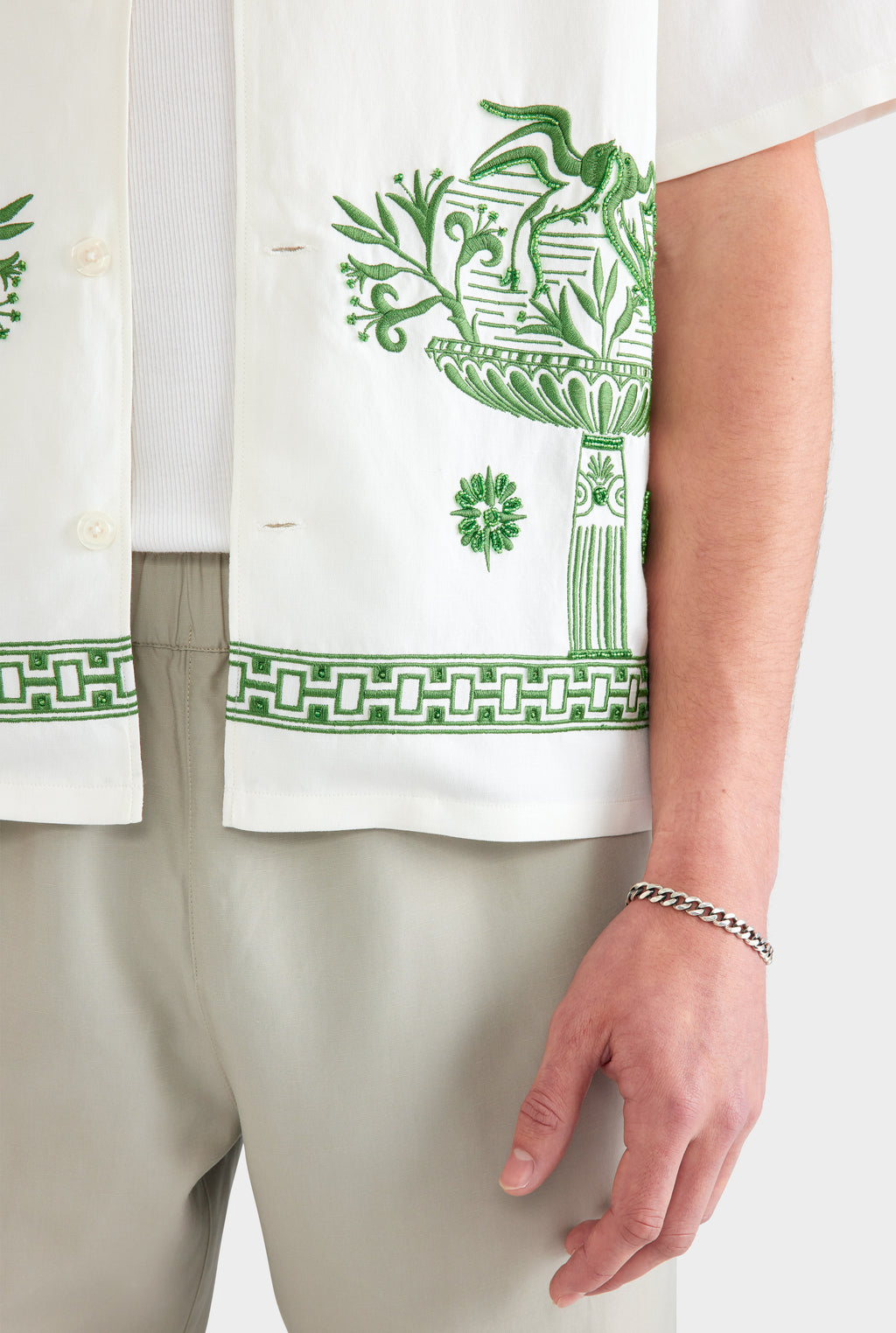 Beaded Silk Linen Camp Collar Shirt - Off White/Ivy Green