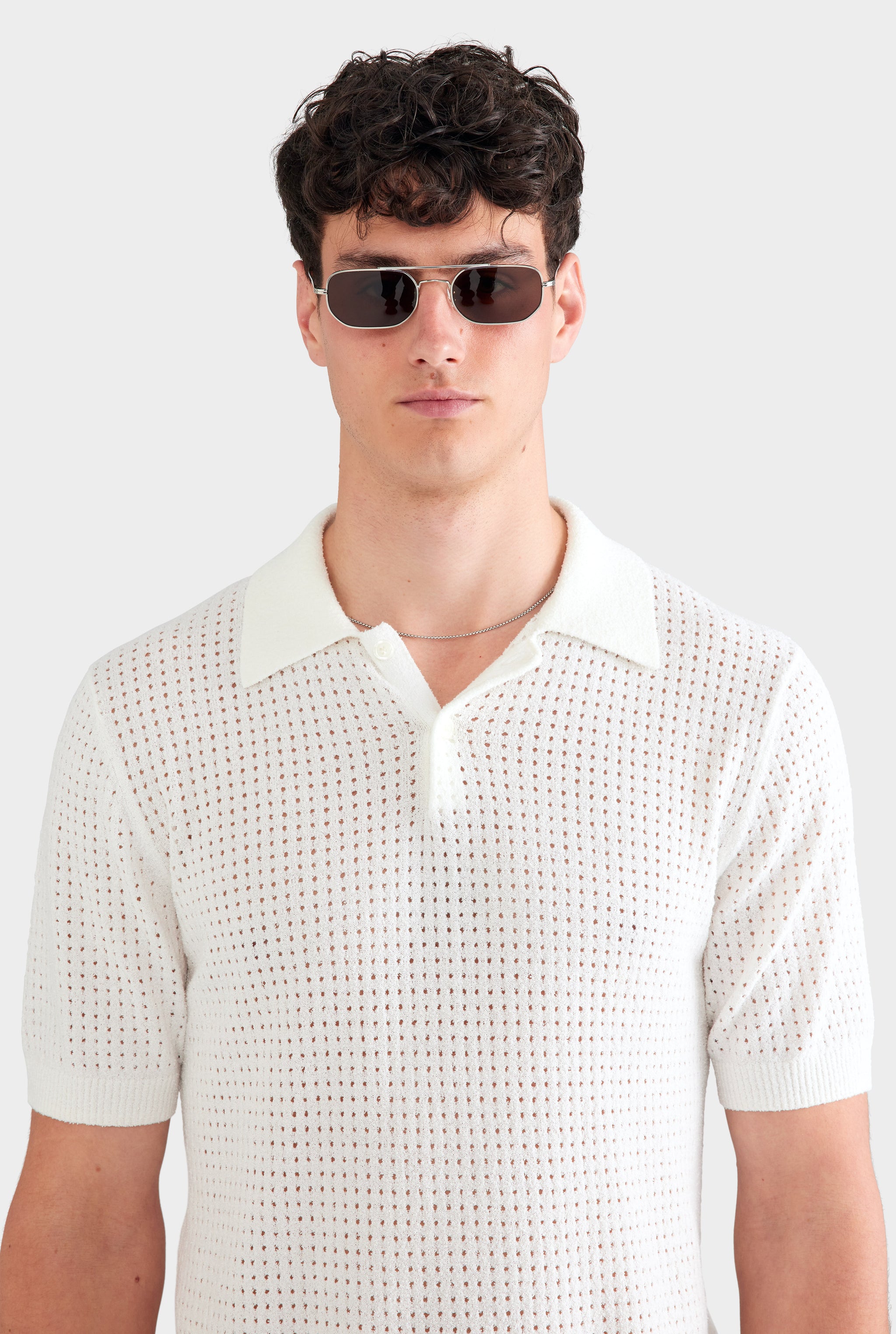 Boucle Open Knit Polo - Off White