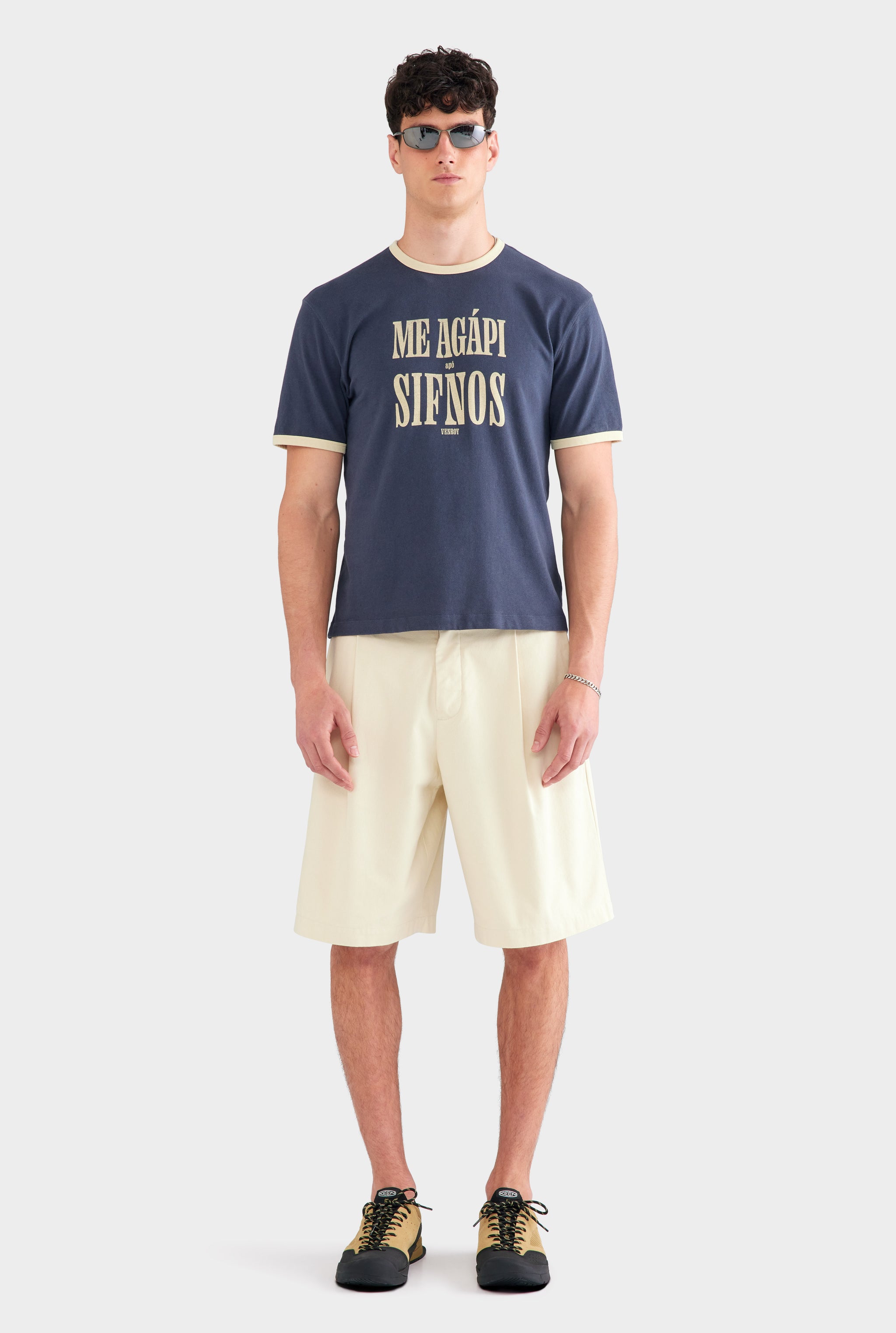 Cotton Linen Ringer T Shirt - Navy/Pastel Yellow