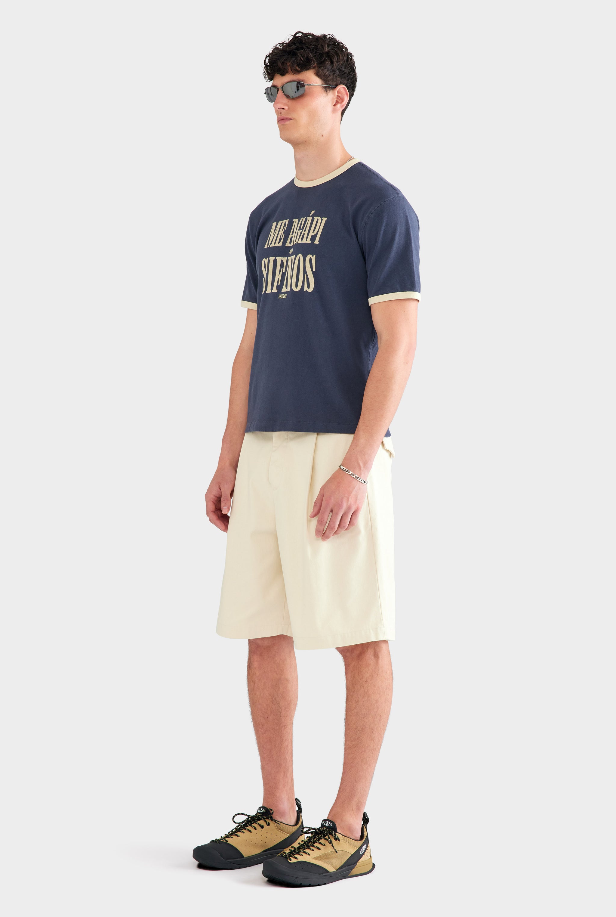 Cotton Linen Ringer T Shirt - Navy/Pastel Yellow