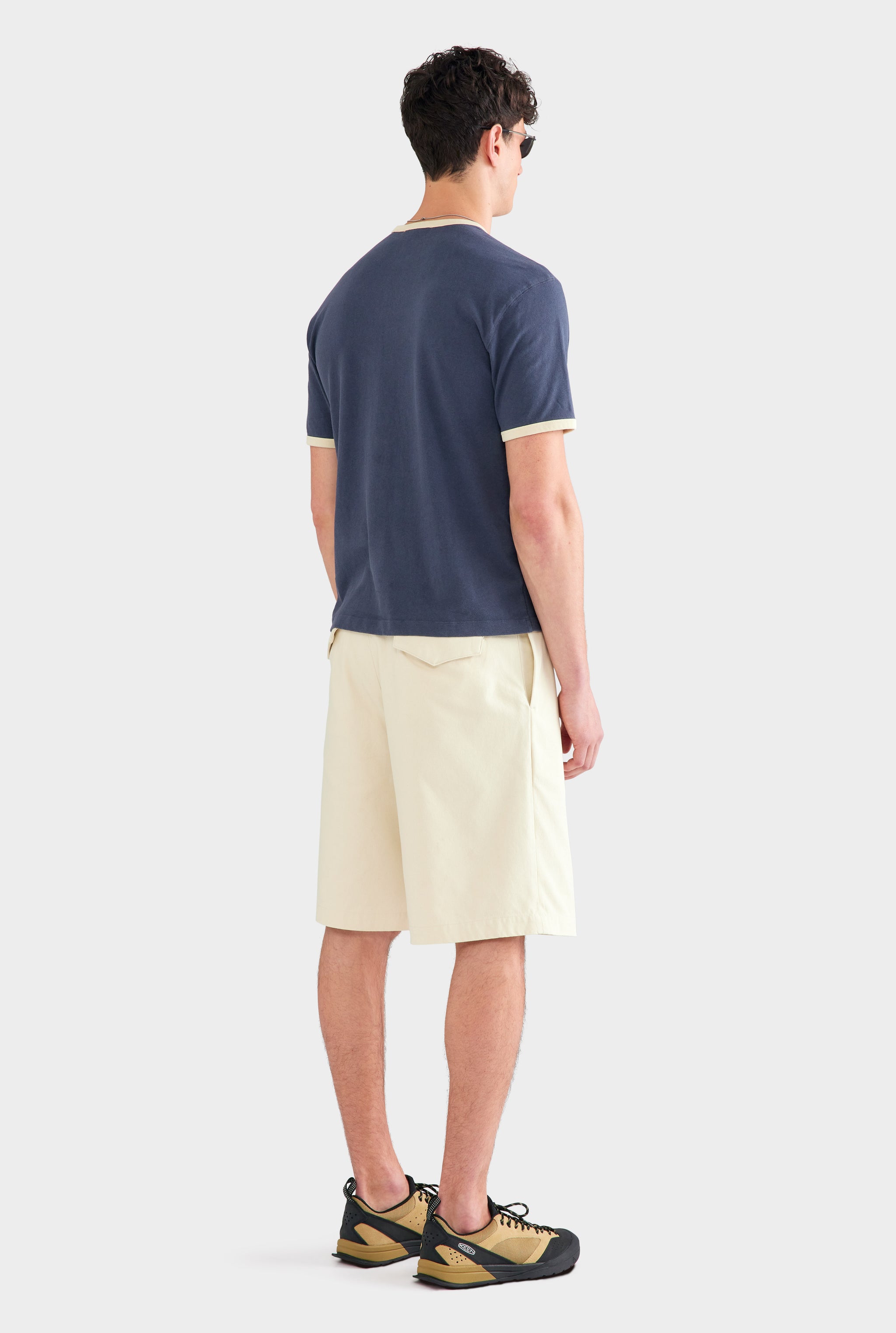 Cotton Linen Ringer T Shirt - Navy/Pastel Yellow