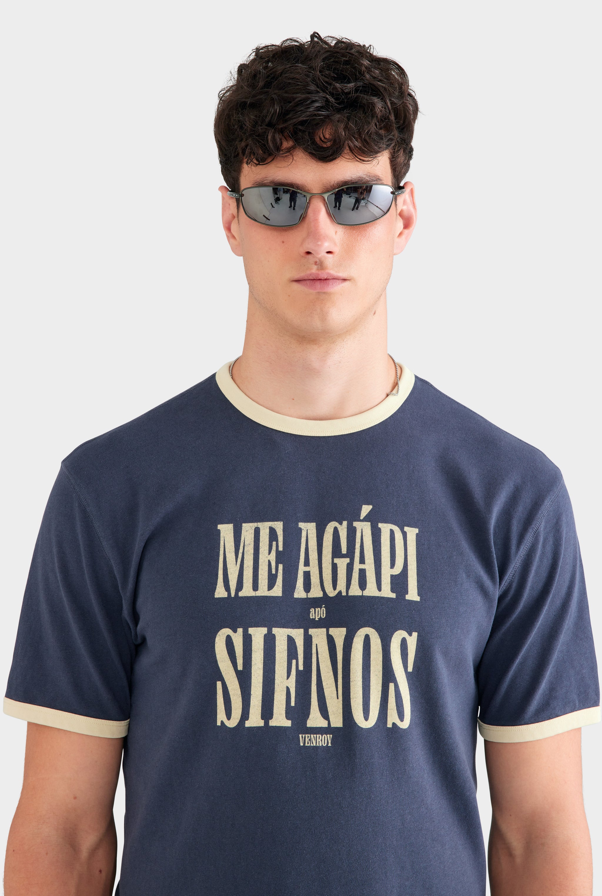 Cotton Linen Ringer T Shirt - Navy/Pastel Yellow