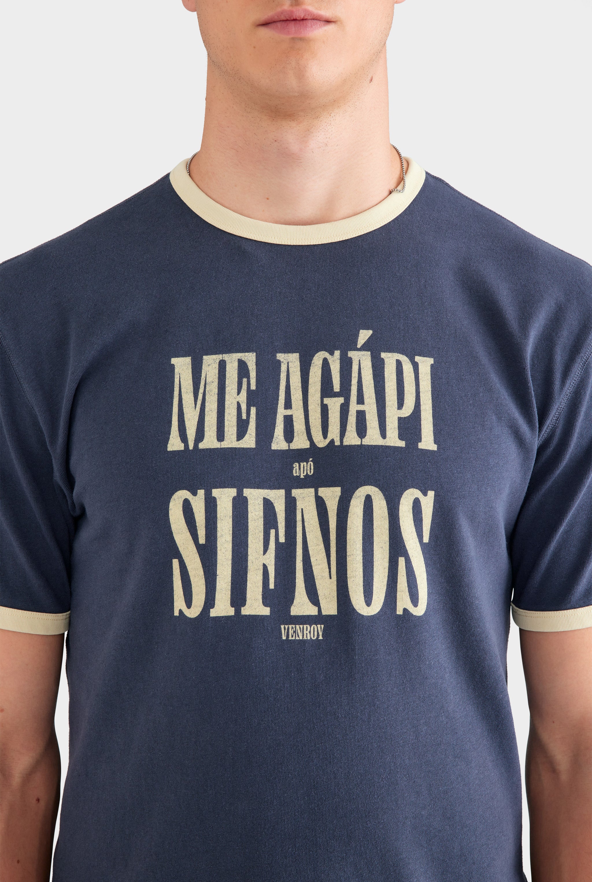 Cotton Linen Ringer T Shirt - Navy/Pastel Yellow