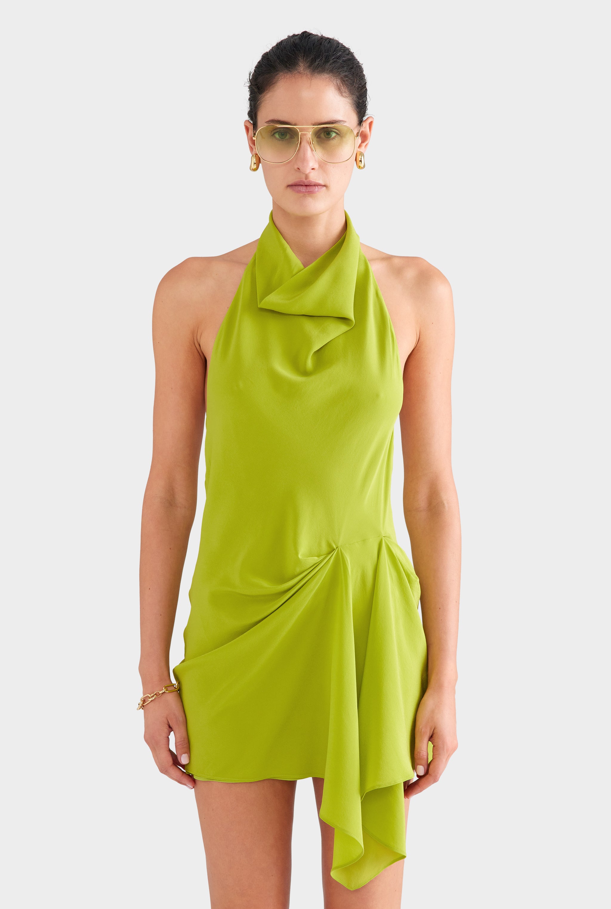 Draped Silk Halter Mini Dress - Chartreuse
