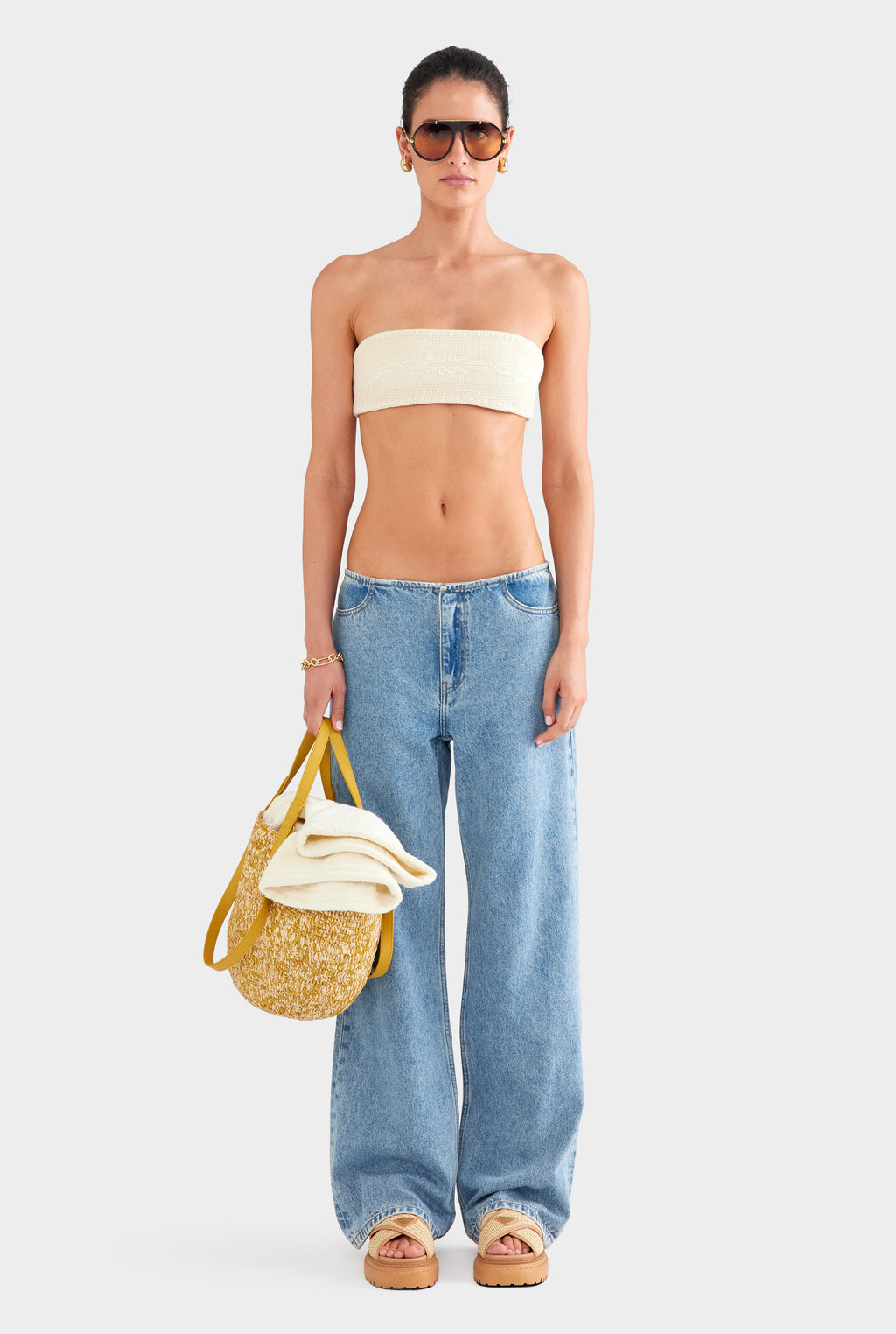 Embroidered Cotton Mesh Bandeau - Natural
