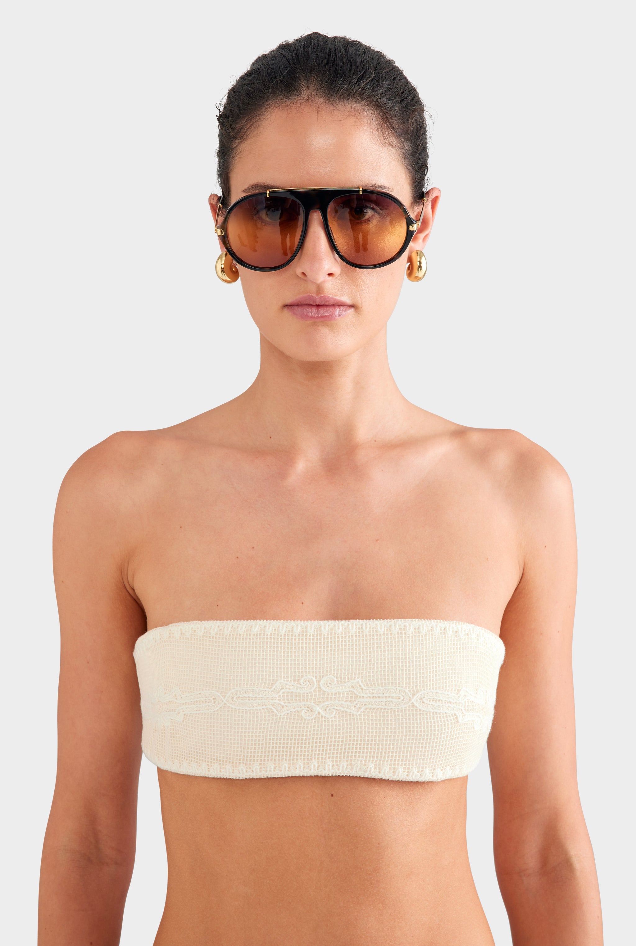 Embroidered Cotton Mesh Bandeau - Natural
