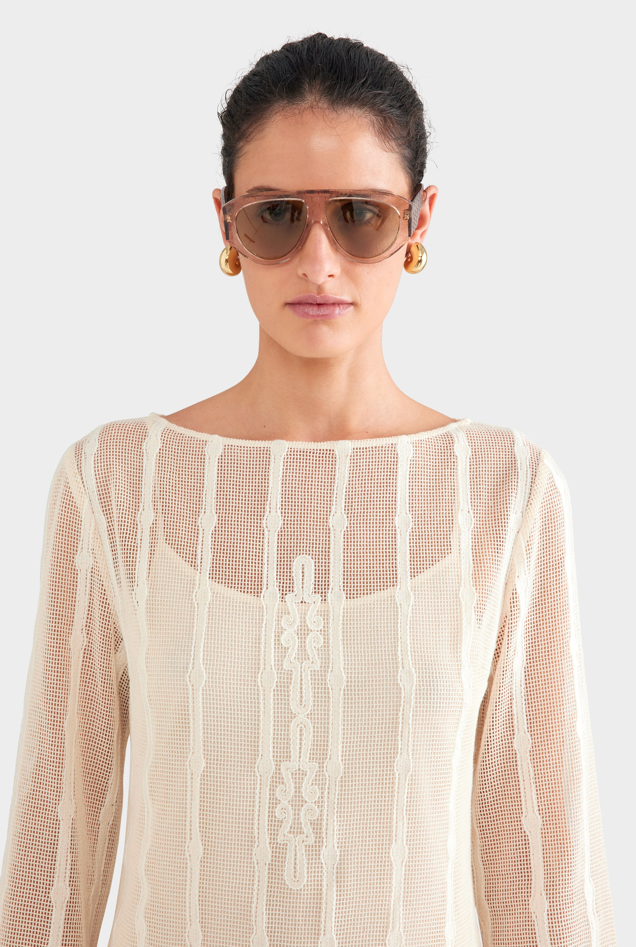 Embroidered Cotton Mesh Mini Dress - Natural